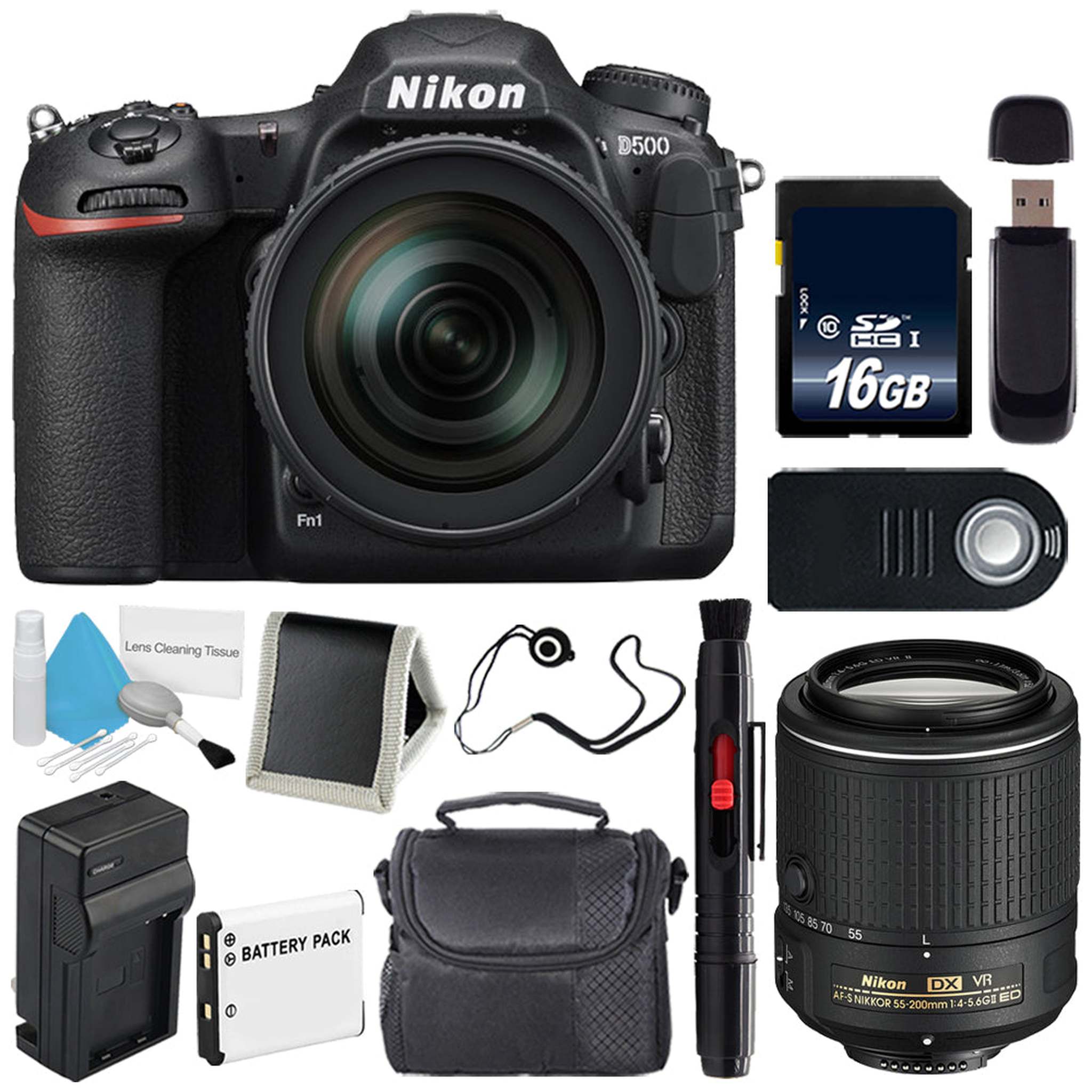 Nikon D500 DSLR Camera with 16-80mm Lens International Model + Nikon AF-S DX NIKKOR 55-200mm f/4-5.6G ED VR II Lens International Model Pro Bundle Nikon