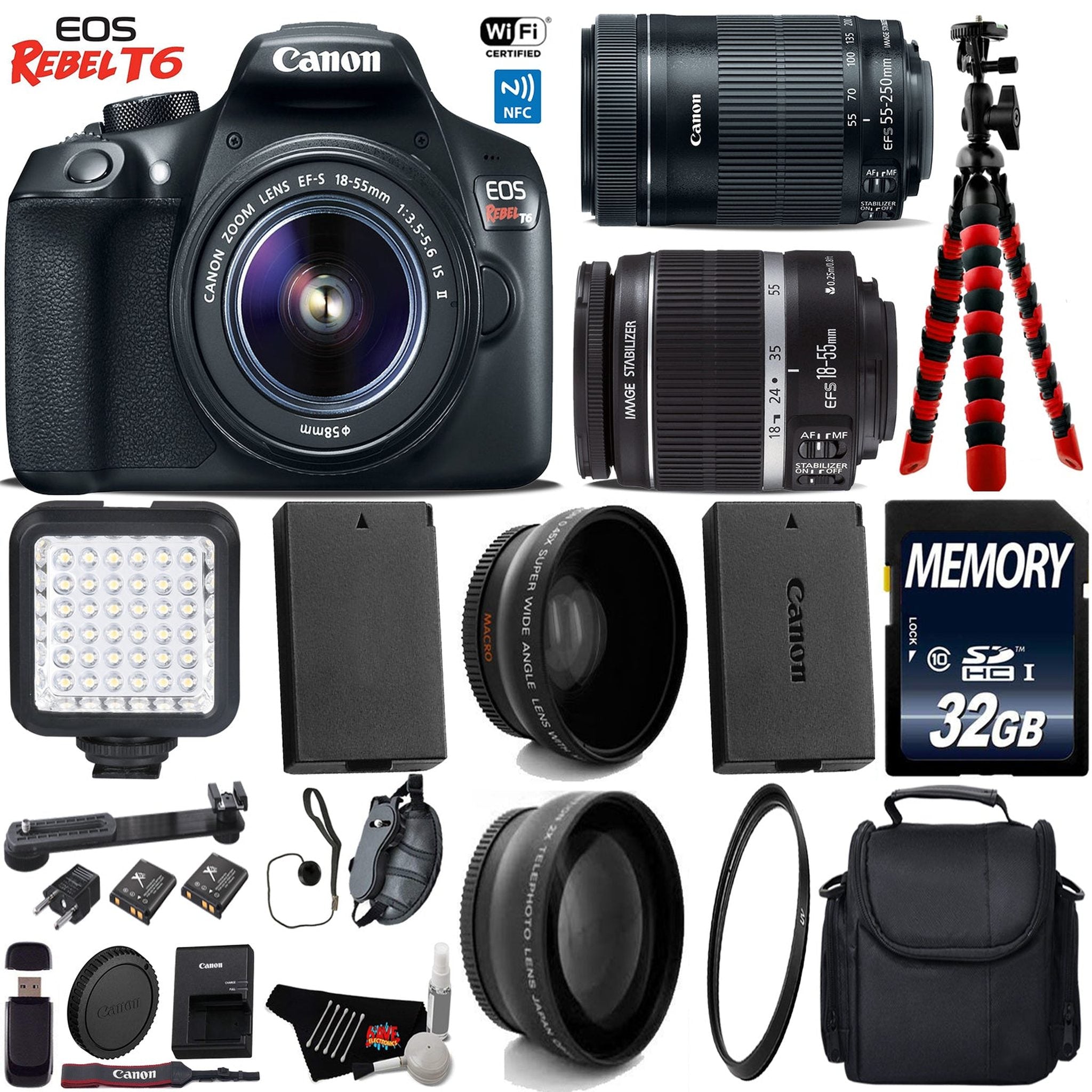 Canon EOS Rebel T6 DSLR Camera with 18-55mm is Lens & 55-250mm is STM Lens + LED + UV FLD CPL Filter Kit Starter Bundle Canon