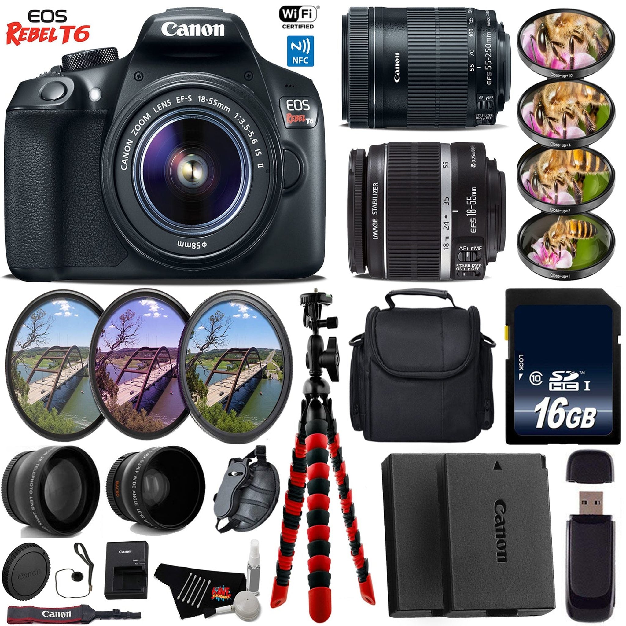 Canon EOS Rebel T6 DSLR Camera + 18-55mm is Lens & 55-250mm is STM Lens + UV FLD CPL Filter Kit + 4 PC Macro Kit Base Bundle Canon