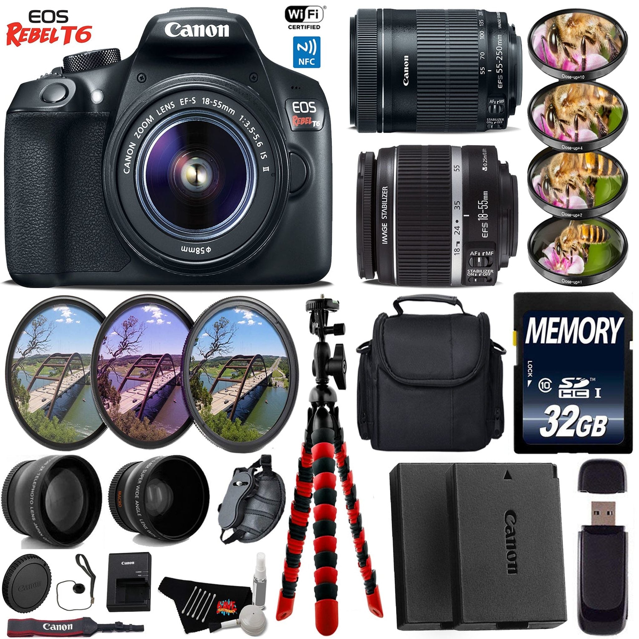 Canon EOS Rebel T6 DSLR Camera + 18-55mm is Lens & 55-250mm is STM Lens + UV FLD CPL Filter Kit + 4 PC Macro Kit Starter Bundle Canon