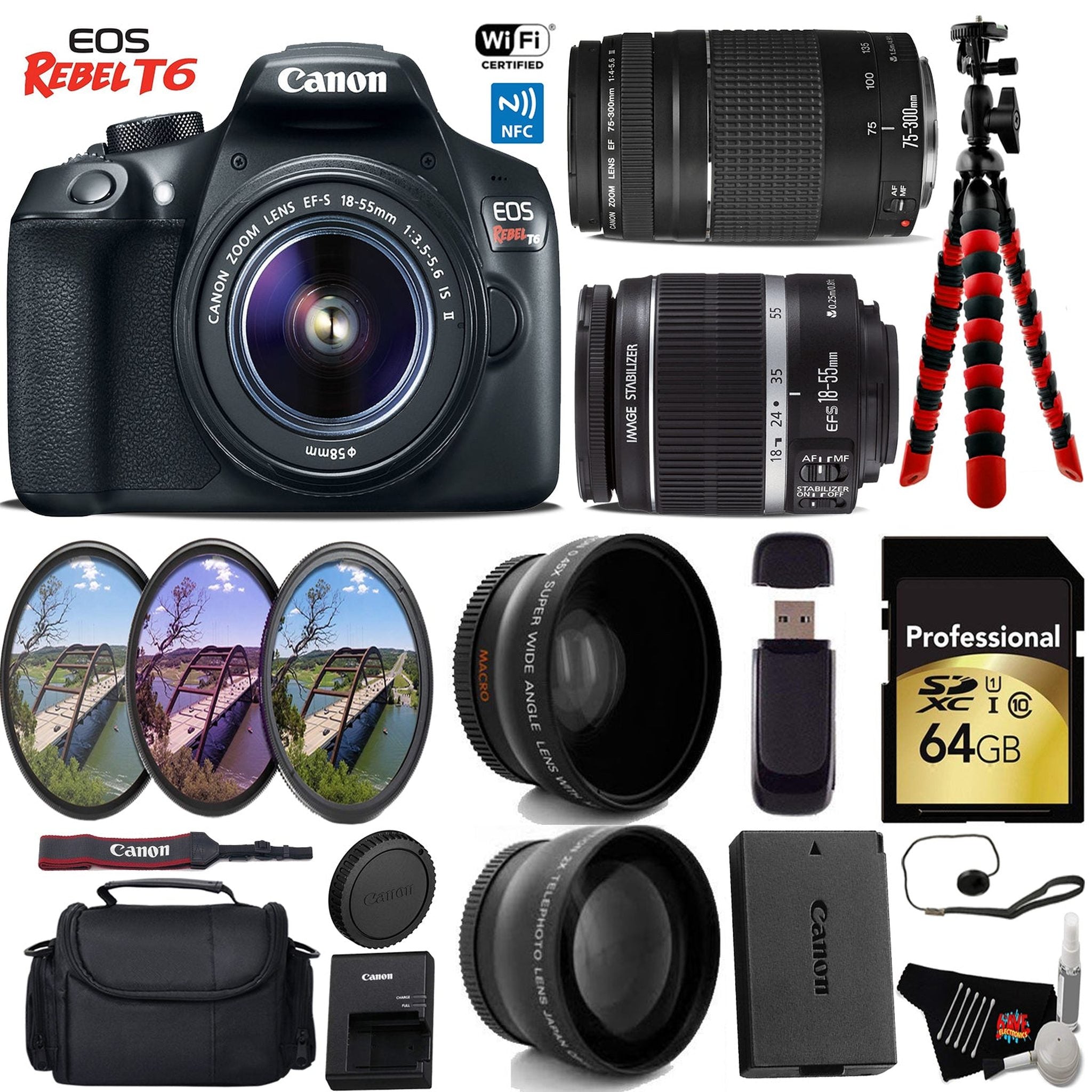 Canon EOS Rebel T6 DSLR Camera with 18-55mm is II Lens & 75-300mm III Lens + UV FLD CPL Filter Kit Pro Bundle Canon