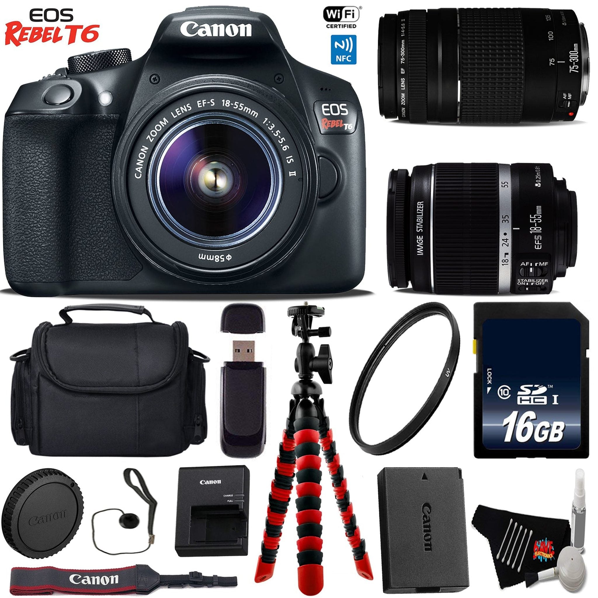 Canon EOS Rebel T6 DSLR Camera with 18-55mm is II Lens & 75-300mm III Lens + Flexible Tripod + UV Protection Filter Base Bundle Canon