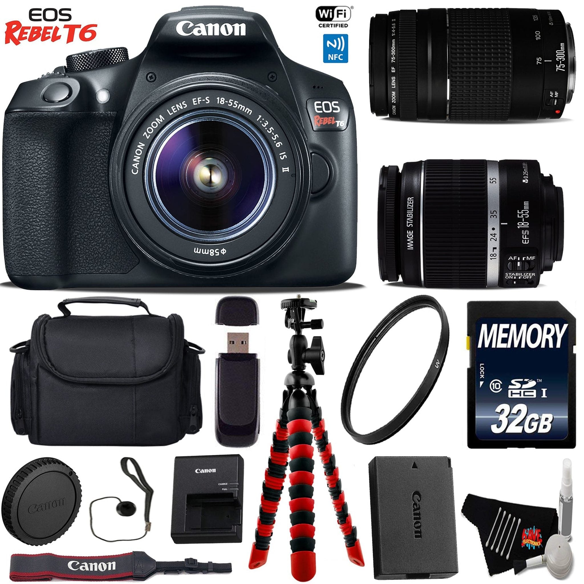 Canon EOS Rebel T6 DSLR Camera with 18-55mm is II Lens & 75-300mm III Lens + Flexible Tripod + UV Protection Filter Starter Bundle Canon