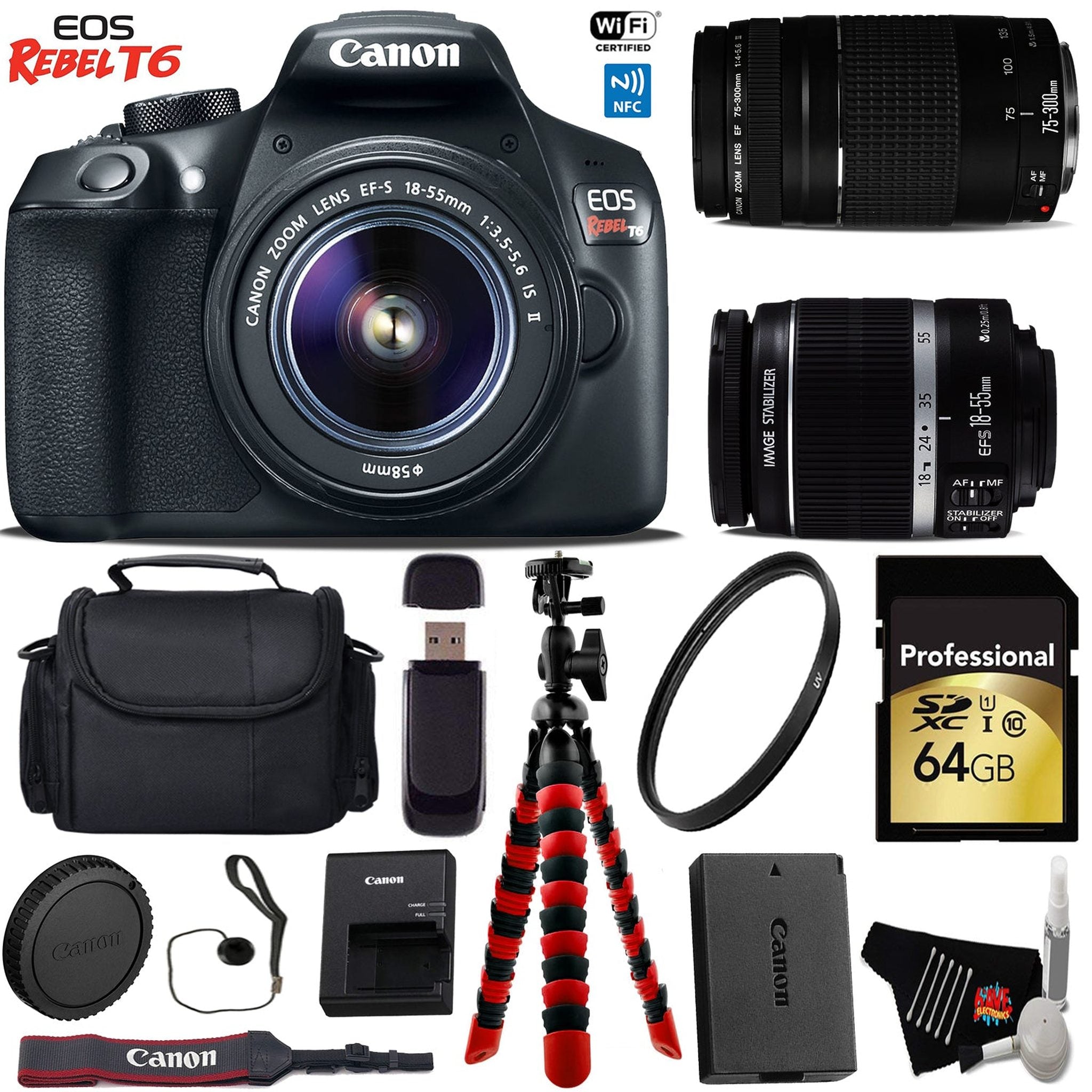 Canon EOS Rebel T6 DSLR Camera with 18-55mm is II Lens & 75-300mm III Lens + Flexible Tripod + UV Protection Filter Pro Bundle Canon