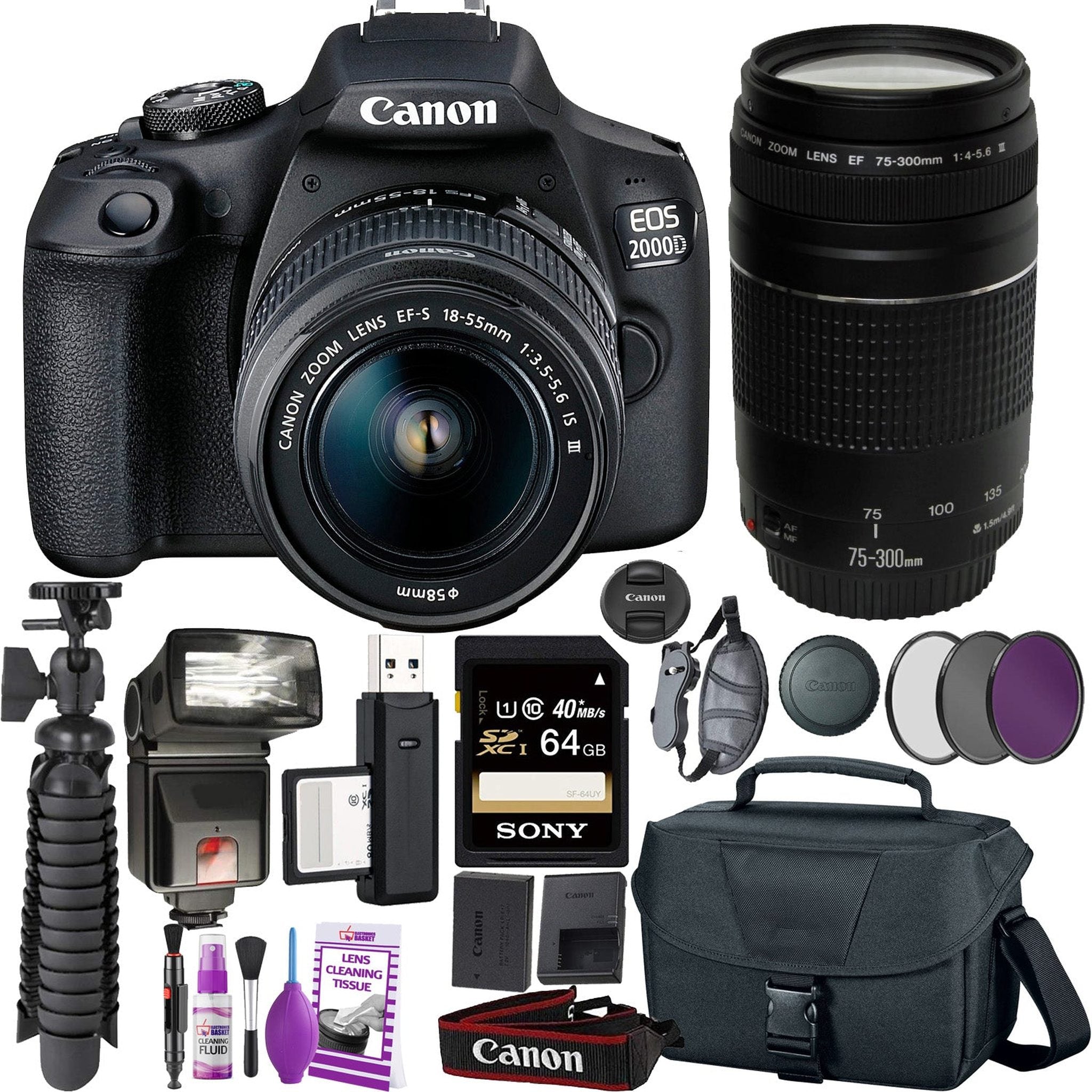 Canon EOS 2000D Rebel t7 DSLR Camera and EF-S 18-55 mm f/3.5-5.6 IS III Lens + 75-300mm Telephoto Zoom Lens + 64GB Memory Card Canon