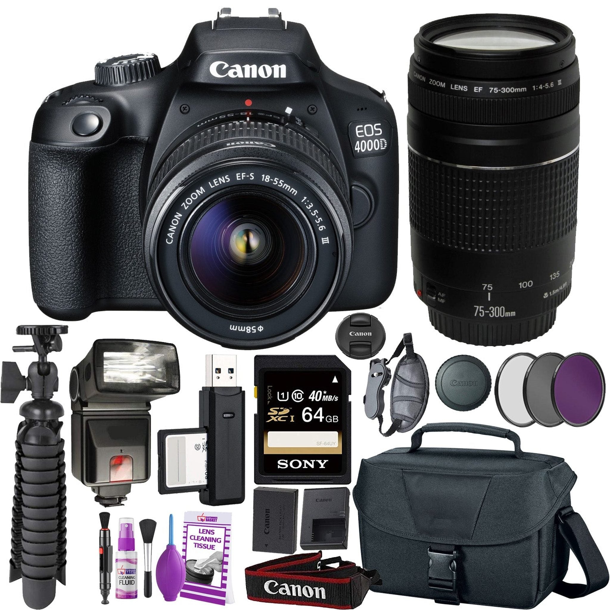 Canon EOS 4000D DSLR Camera & EF-S 18-55 mm f/3.5-5.6 IS III Lens + 75-300mm Telephoto Zoom Lens + 64GB Memory Card + Camera Bag Canon