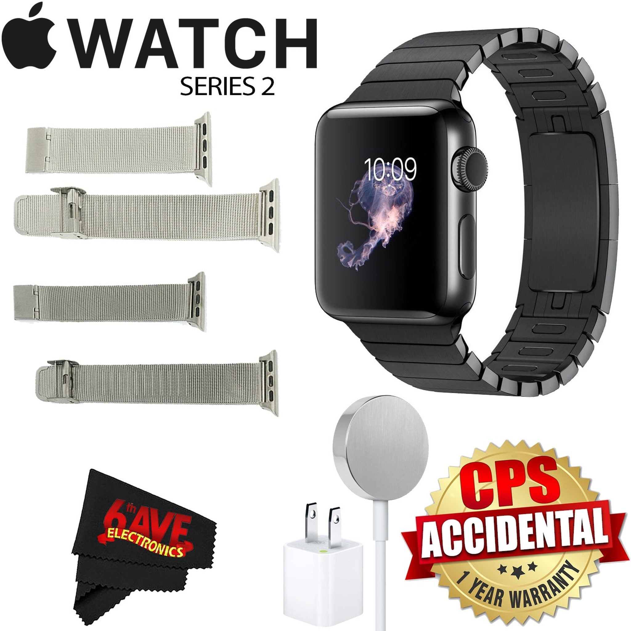 6Ave Apple Watch Series 2 38mm Smartwatch (Space Black Stainless Steel Case, Space Black Link Band) + Watch Band Silver Mesh 38mm + Watch Band Space Gray Mesh 38mm + MicroFiber Cloth Bundle