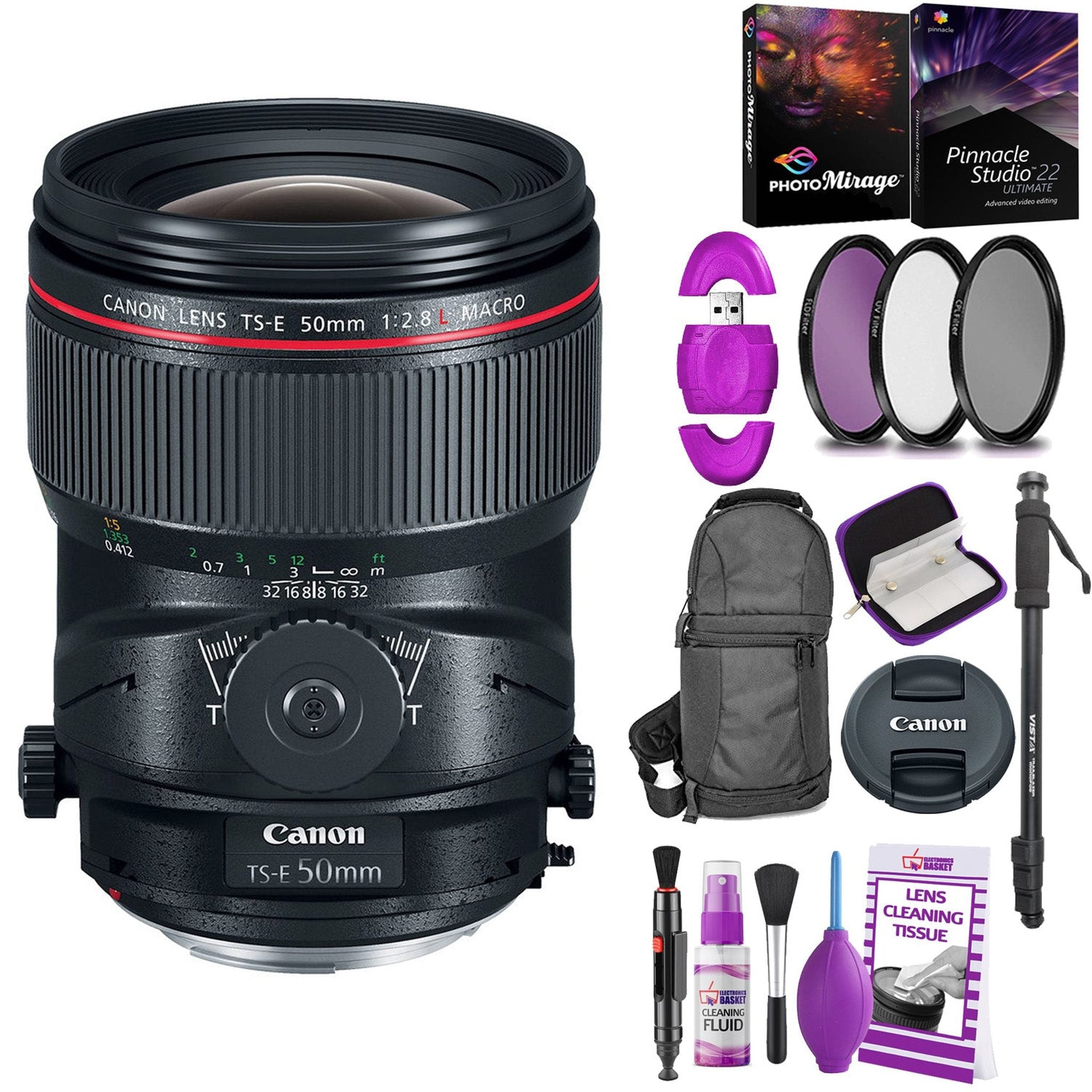 Canon TS-E 50mm f/2.8L Macro Tilt-Shift Lens with BONUS Bundle | Memory | Backpack | Monopod | Cleaning Kit | Intl Model Canon