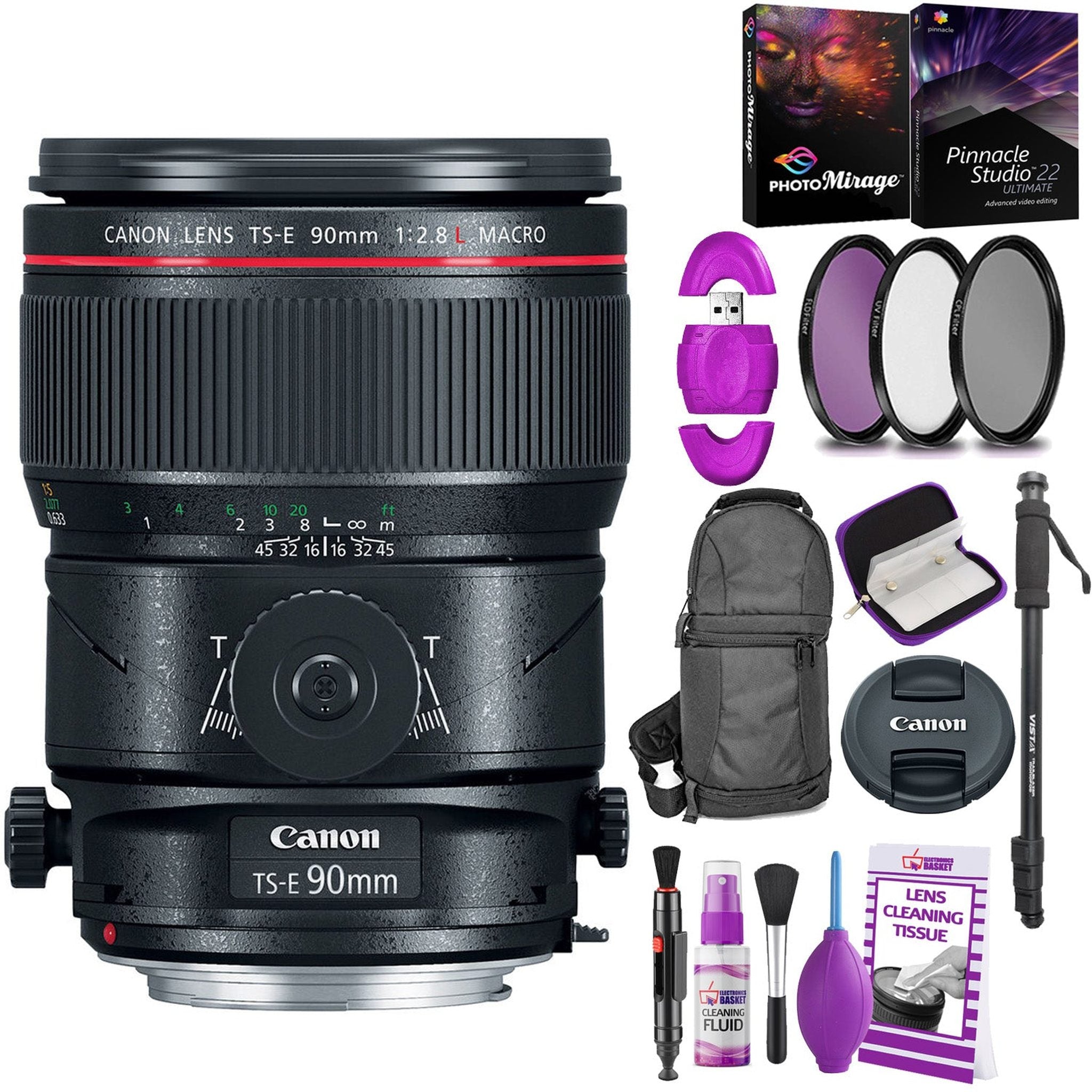 Canon TS-E 90mm f/2.8L Macro Tilt-Shift Lens with BONUS Bundle | Memory | Backpack | Monopod | Cleaning Kit | Intl Model Canon