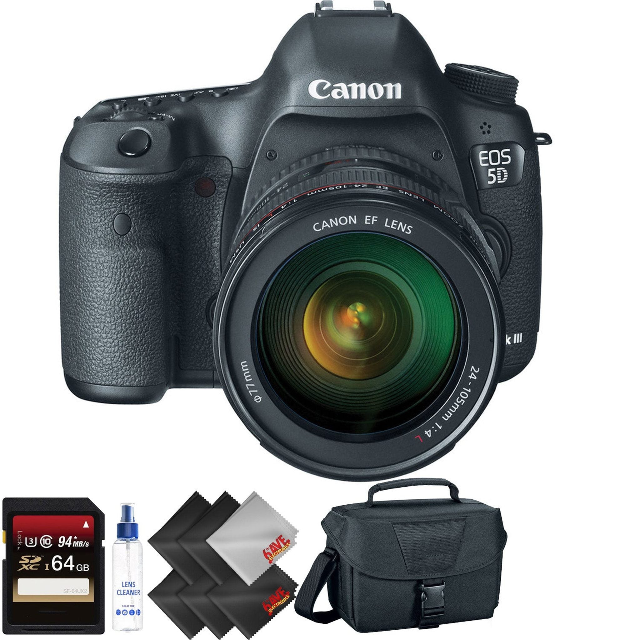 Canon EOS 5D Mark III DSLR Camera with 24-105mm Lens + 64GB Memory Card + 1 Year Warranty Bundle Canon