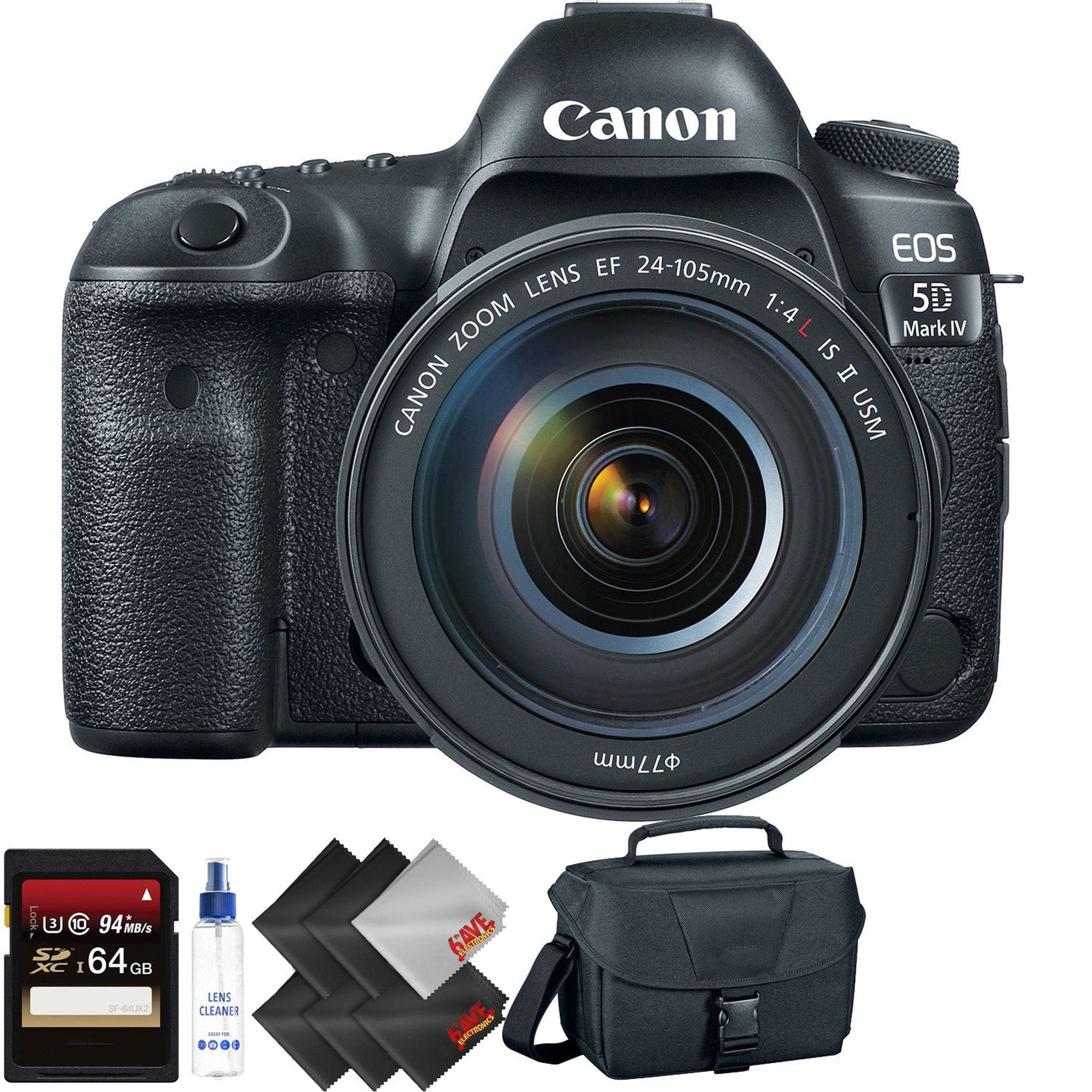 Canon EOS 5D Mark IV DSLR Camera with 24-105mm f/4L II Lens + 64GB Memory Card + 1 Year Warranty Bundle Canon