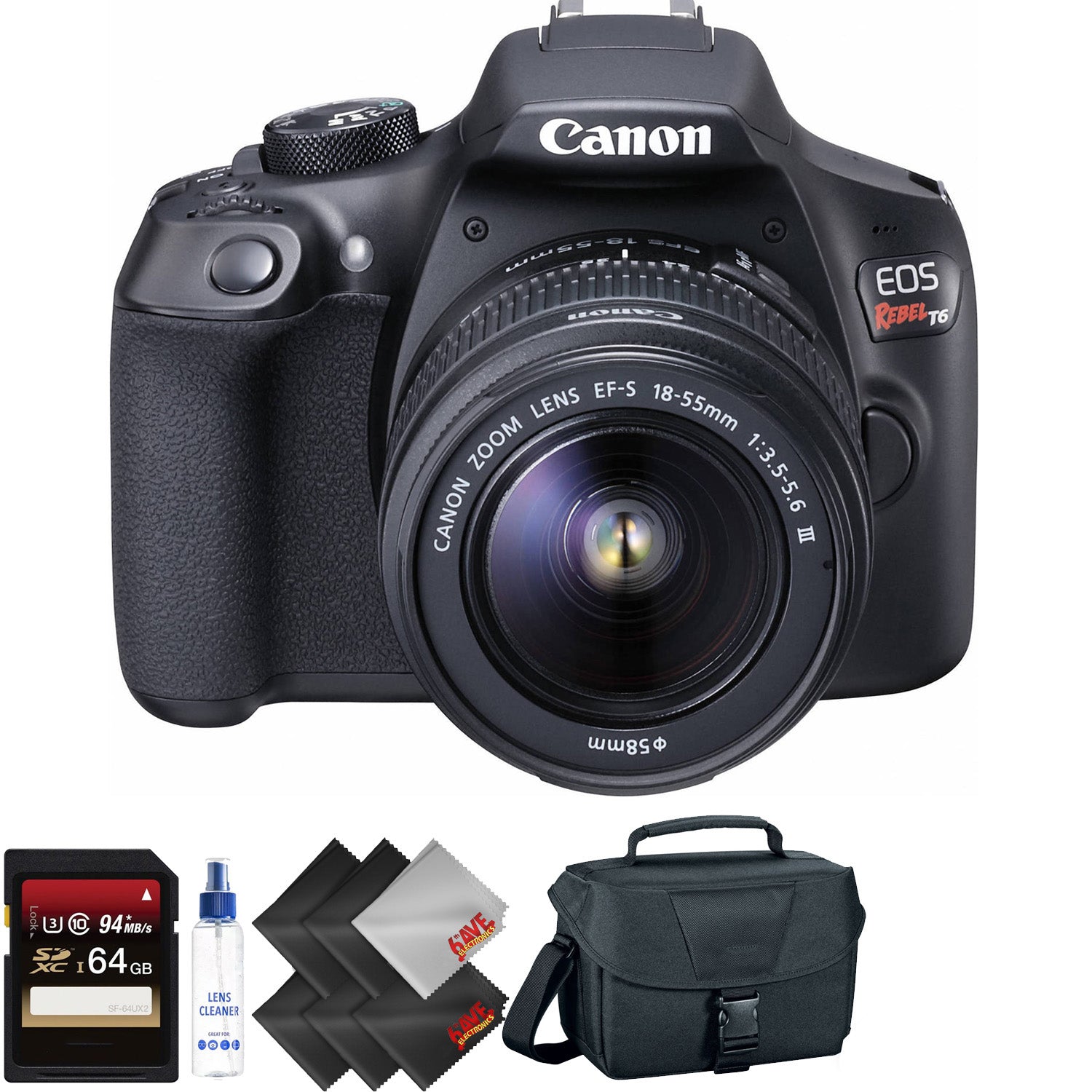 Canon EOS Rebel T6 DSLR Camera with 18-55mm and 75-300mm Lenses Kit + 64GB Memory Card + 1 Year Warranty Bundle Canon