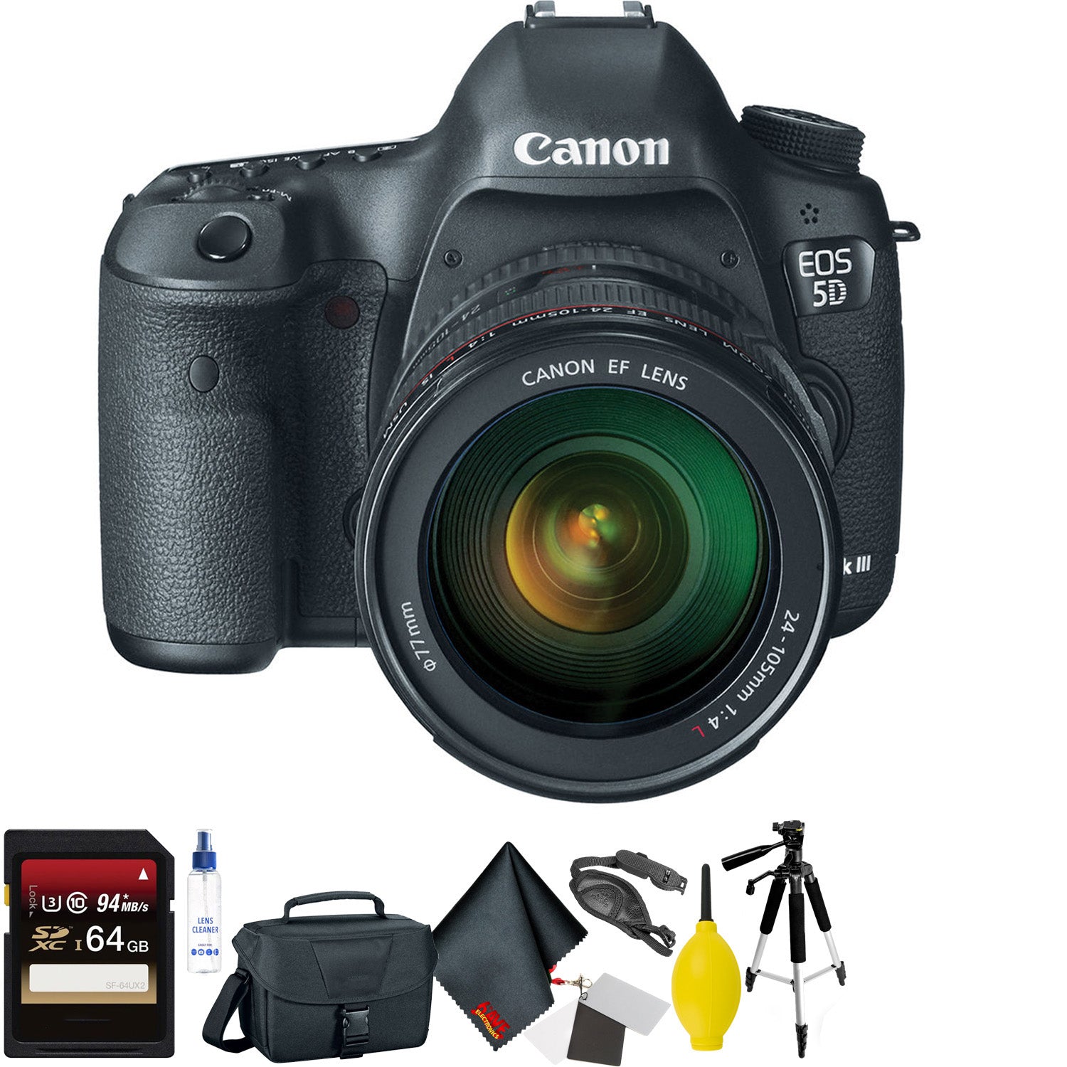 Canon EOS 5D Mark III DSLR Camera with 24-105mm Lens + 64GB Memory Card + Mega Accessory Kit + 1 Year Warranty Bundle Canon