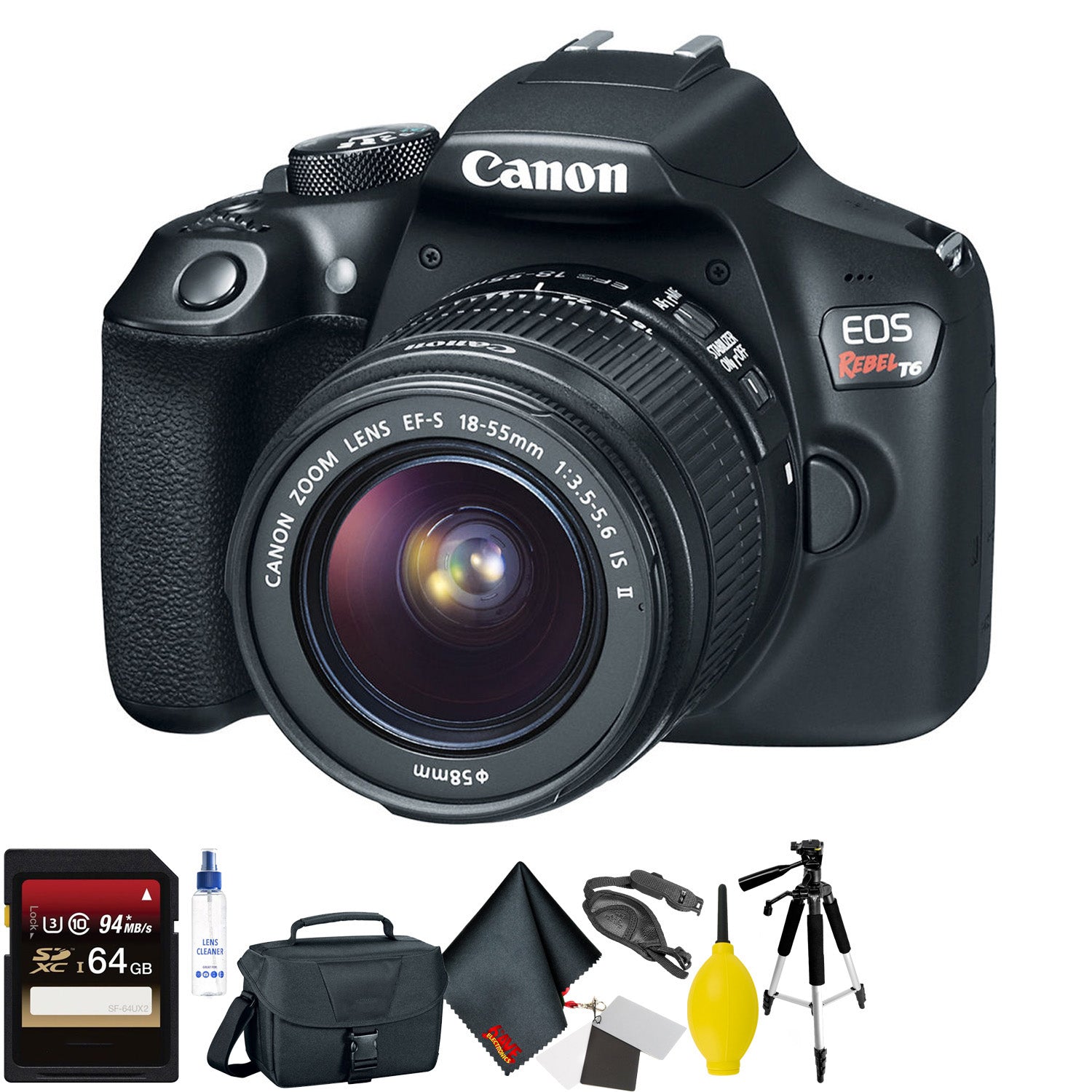 Canon EOS Rebel T6 DSLR Camera with 18-55mm Lens + 64GB Memory Card + Mega Accessory Kit + 2 Year Accidental Warranty Bundle Canon