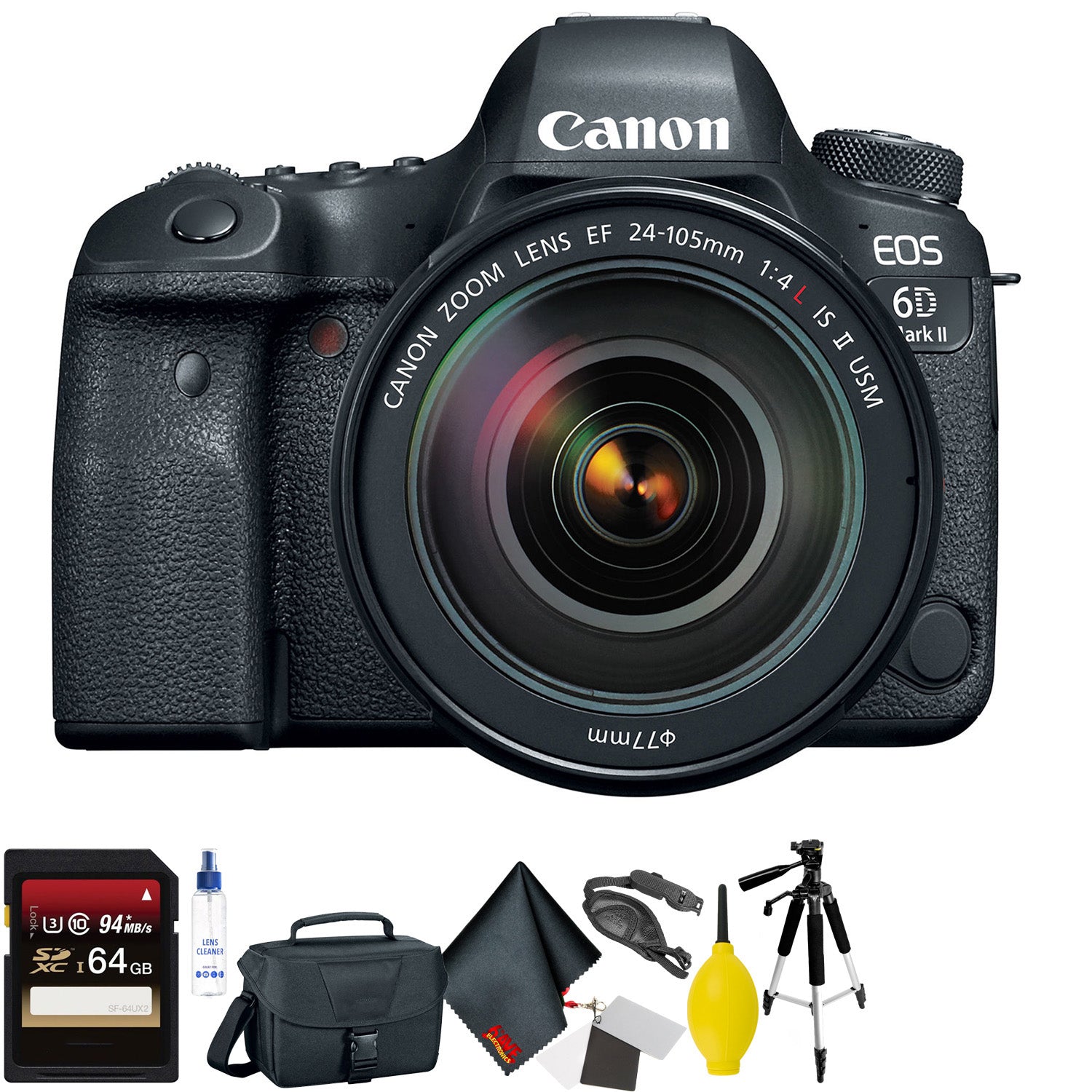 Canon EOS 6D Mark II DSLR Camera with 24-105mm f/4L II Lens + 64GB Memory Card + Mega Accessory Kit + 2 Year Accidental Canon