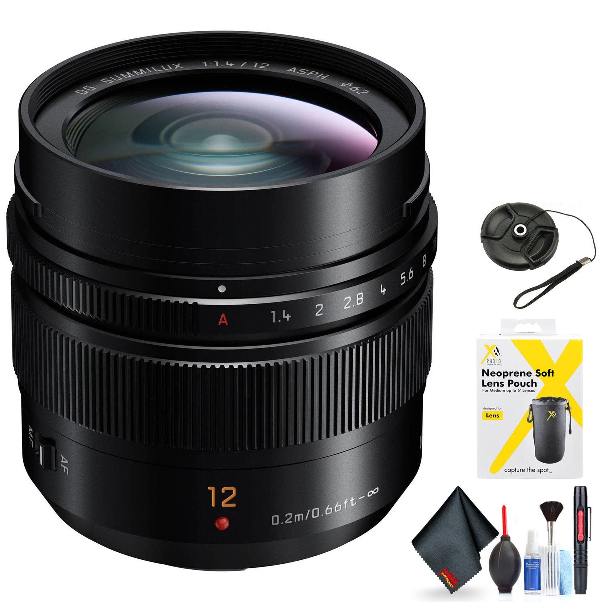 Panasonic Leica DG Summilux 12mm f/1.4 ASPH. Lens for Micro Four Thirds Mount + Accessories International Model with 2 Panasonic