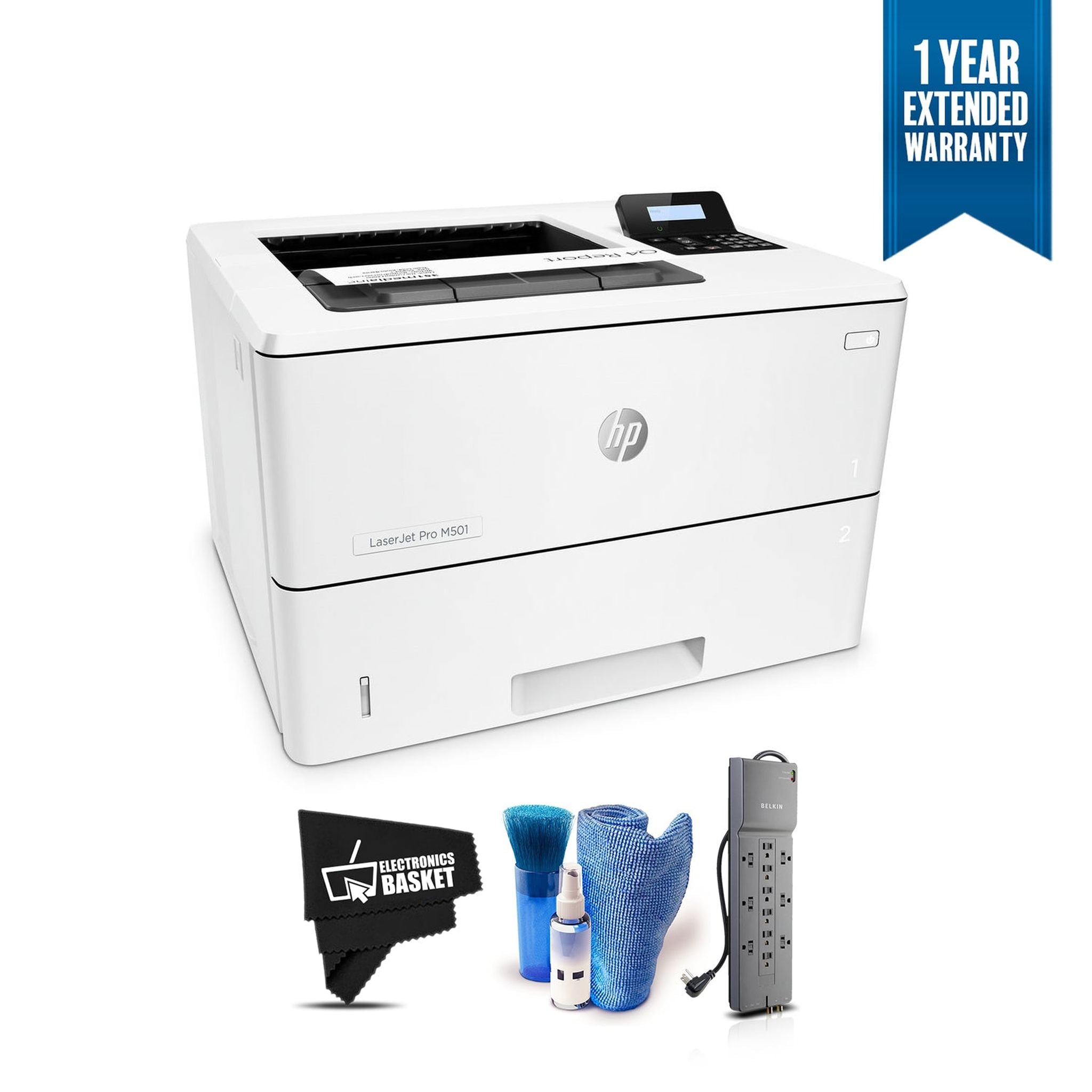 HP Monochrome LaserJet Pro Printer M501dn w/HP JetAdvantage Security, J8H61A Bundle with 1 Year Extended Warranty + Surge Protector Hewlett Packard