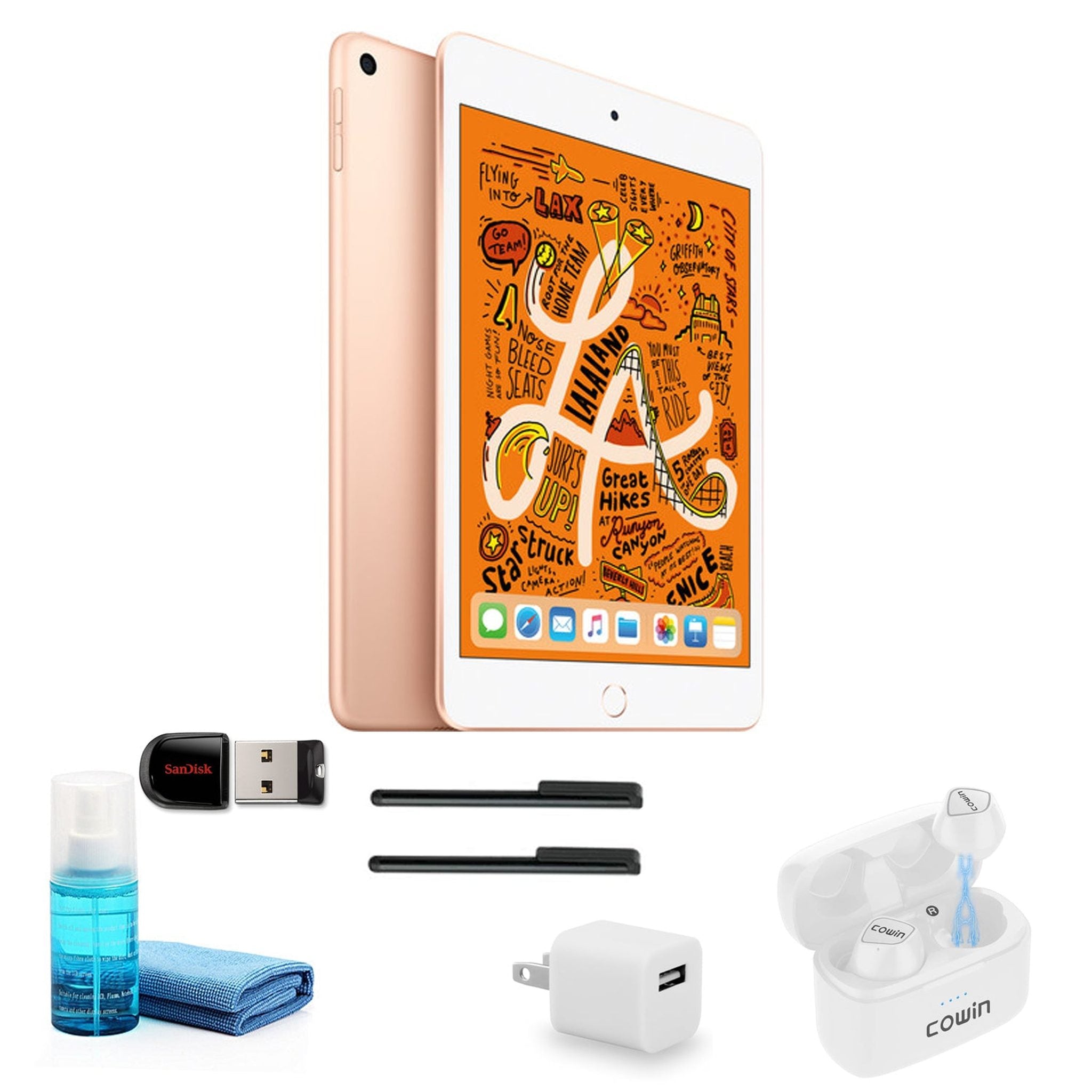 Apple iPad mini 7.9 Inch 64GB, Gold with White Wireless Earbuds Apple