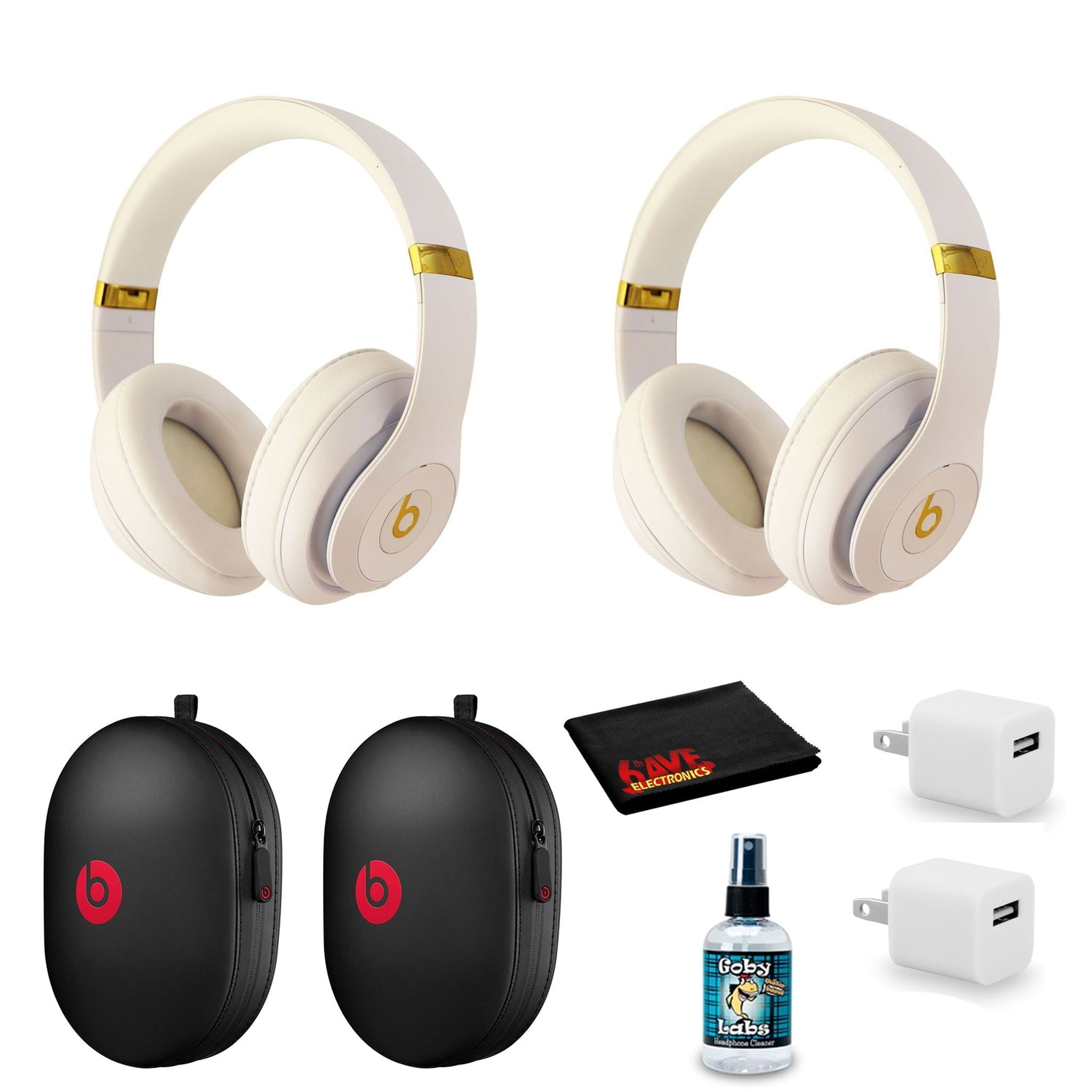 Beats Studio3 Wireless Series Over-Ear Headphones - Matte White/Gold (MQ572LL/A) 2 pack Kit with USB adapters