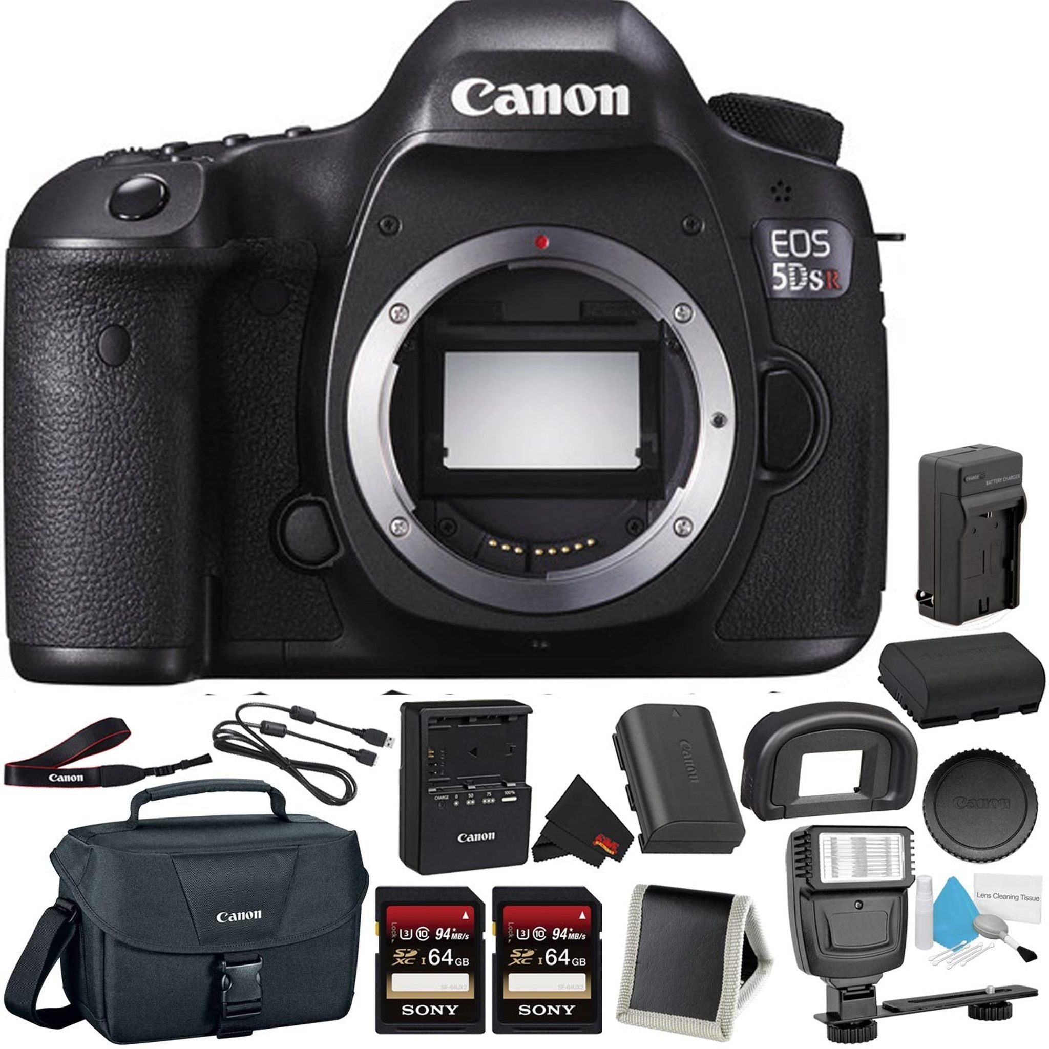 Canon EOS 5DS R Digital SLR Camera Body Only - Bundle with 2X 64GB Memory Cards + Spare Battery + Digital Slave Flash + Canon