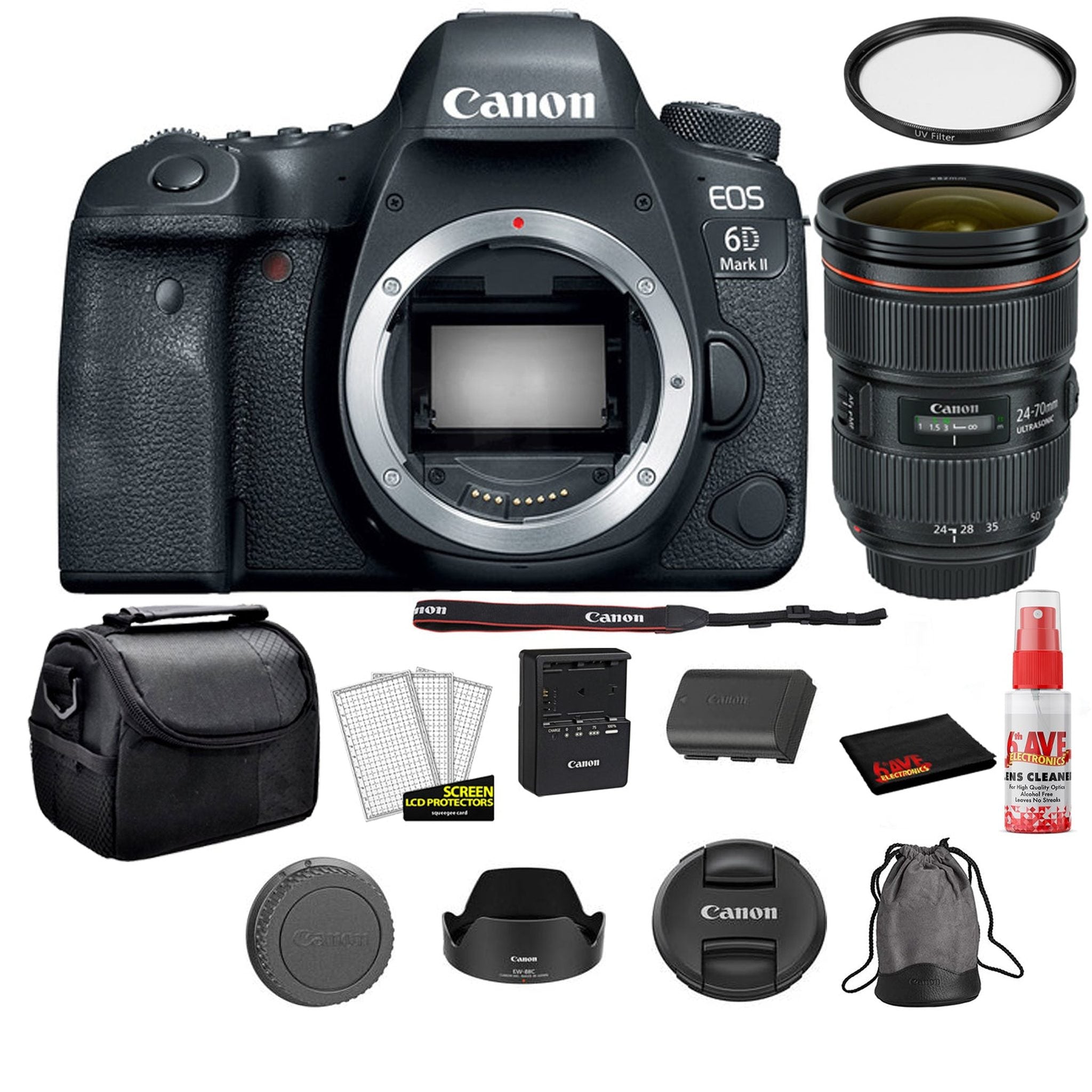 Canon EOS 6D Mark II 26.2MP Full Frame Digital SLR Camera Body 1897C002 Bundle Kit with Canon EF 24-70mm f/2.8L II USM Lens + More Canon