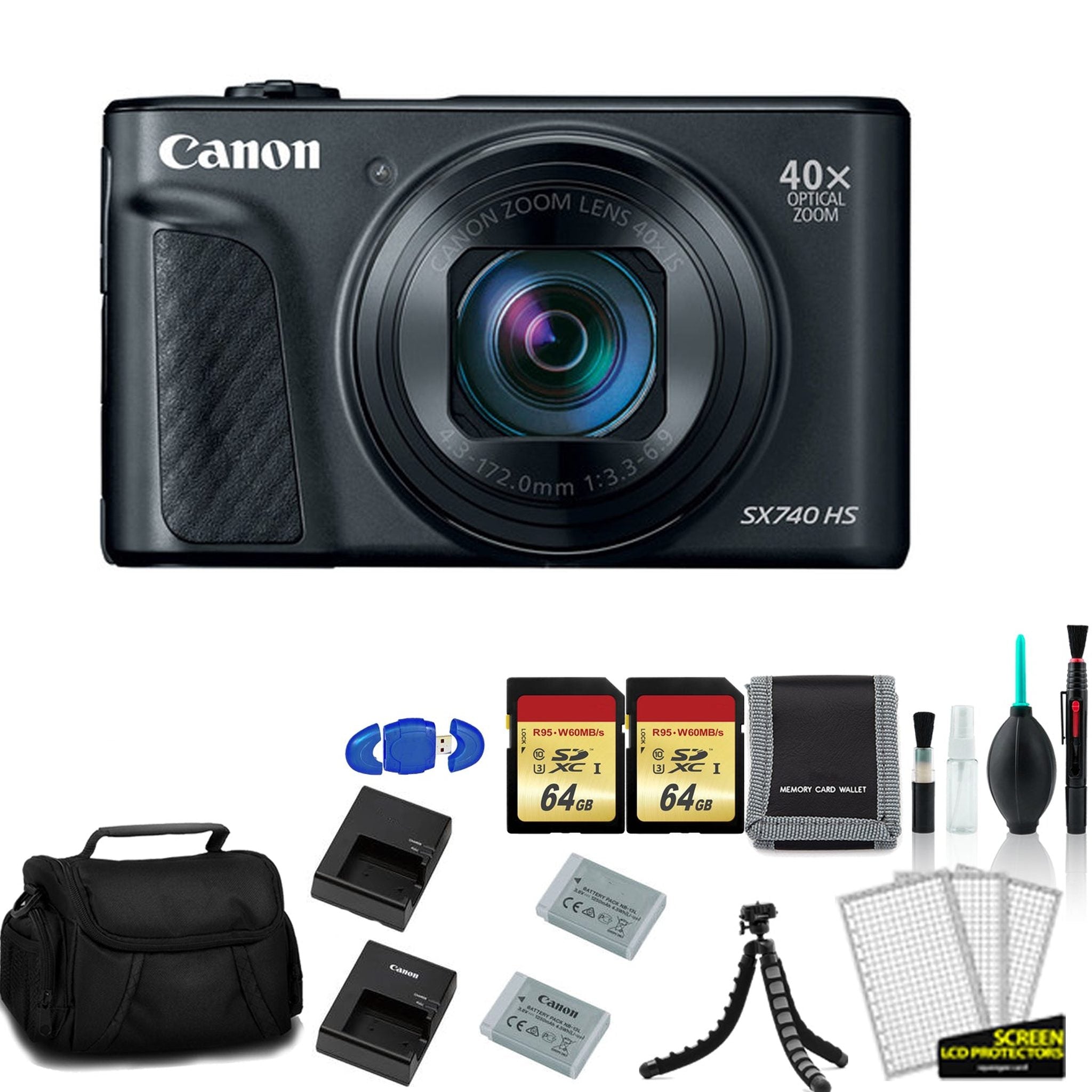 Canon PowerShot SX740 HS Digital Camera Black with 2x 64GB Memory Card + Extra Battery and Charger + More - International Model Canon