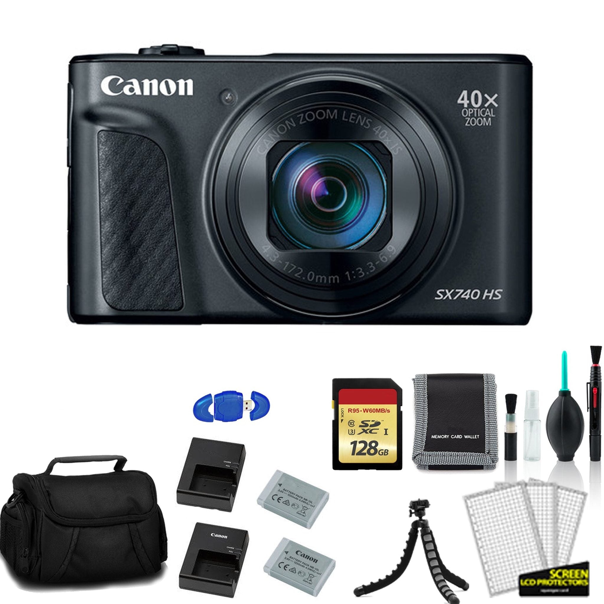 Canon PowerShot SX740 HS Digital Camera Black with 128GB Memory Card + Extra Battery and Charger + More - International Model Canon