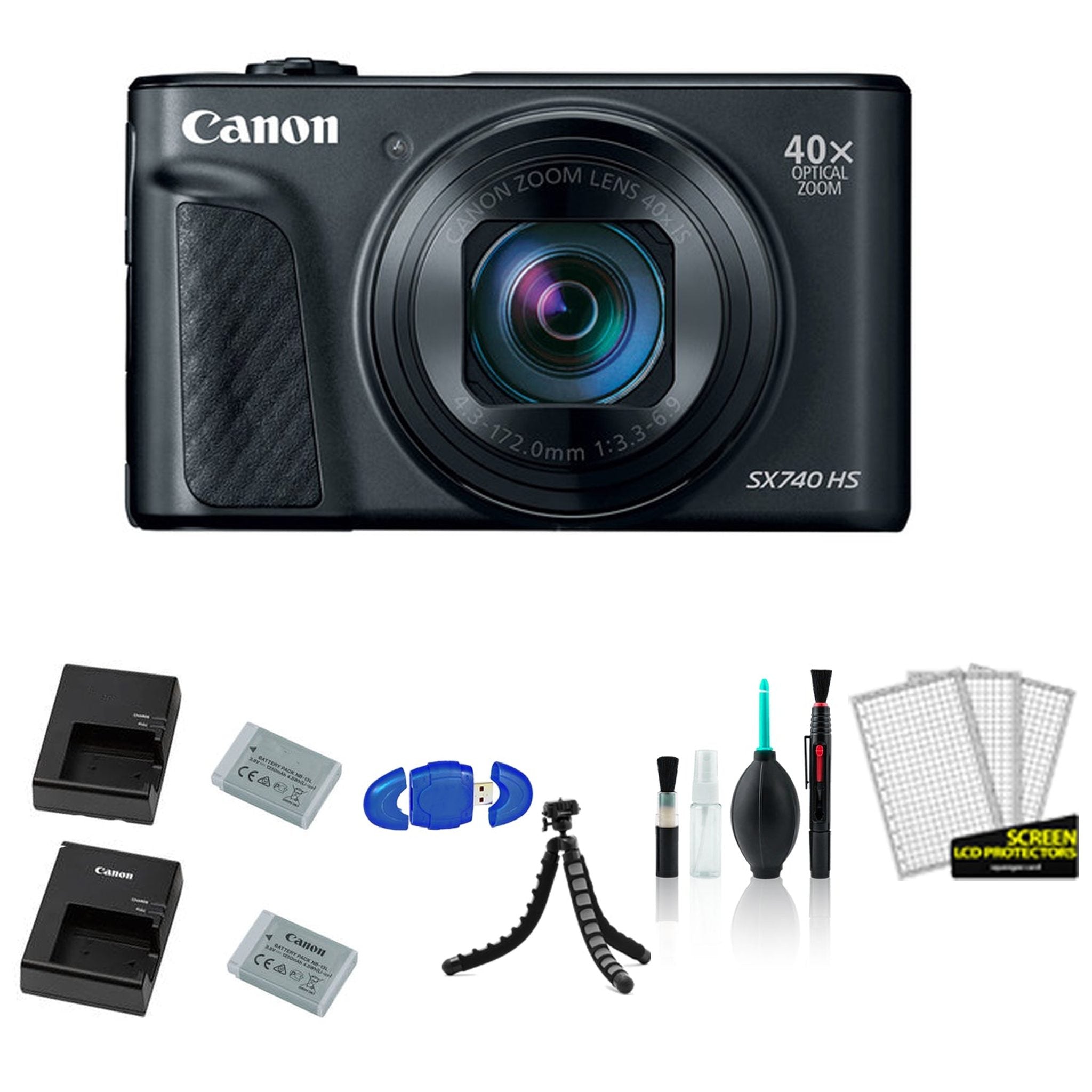 Canon PowerShot SX740 HS Digital Camera Black with Extra Battery and Charger + More - International Model Canon