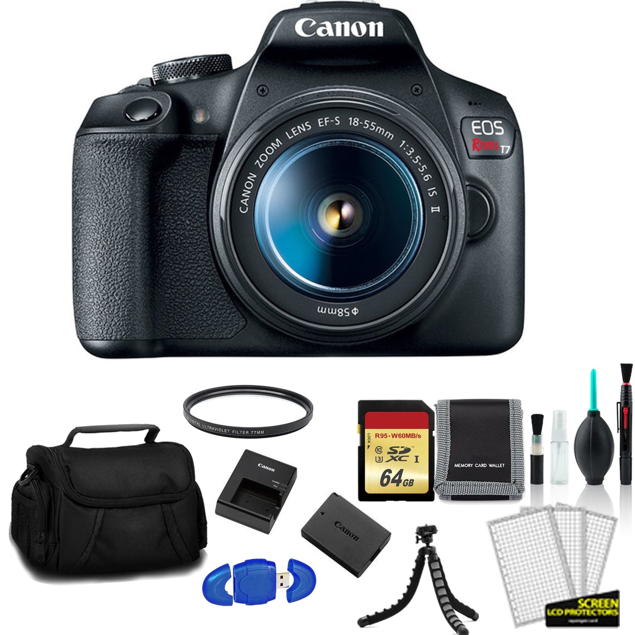 Canon EOS Rebel T7 EF-S 18-55mm IS II Kit with 64GB Memory Card + UV Filter + More - International Model Canon