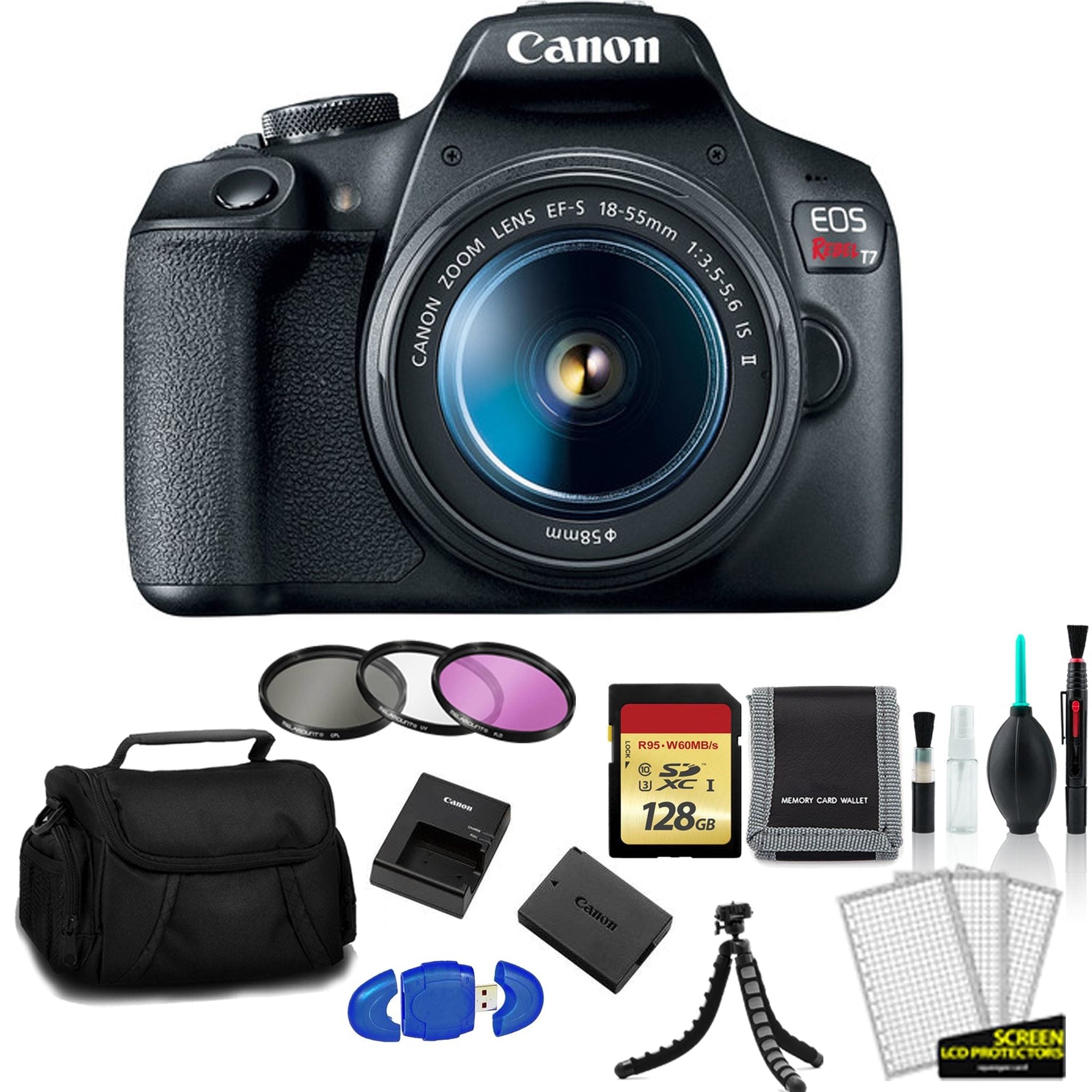 Canon EOS Rebel T7 EF-S 18-55mm IS II Kit with 128GB Memory Card + Filter Kit+ More - International Model Canon