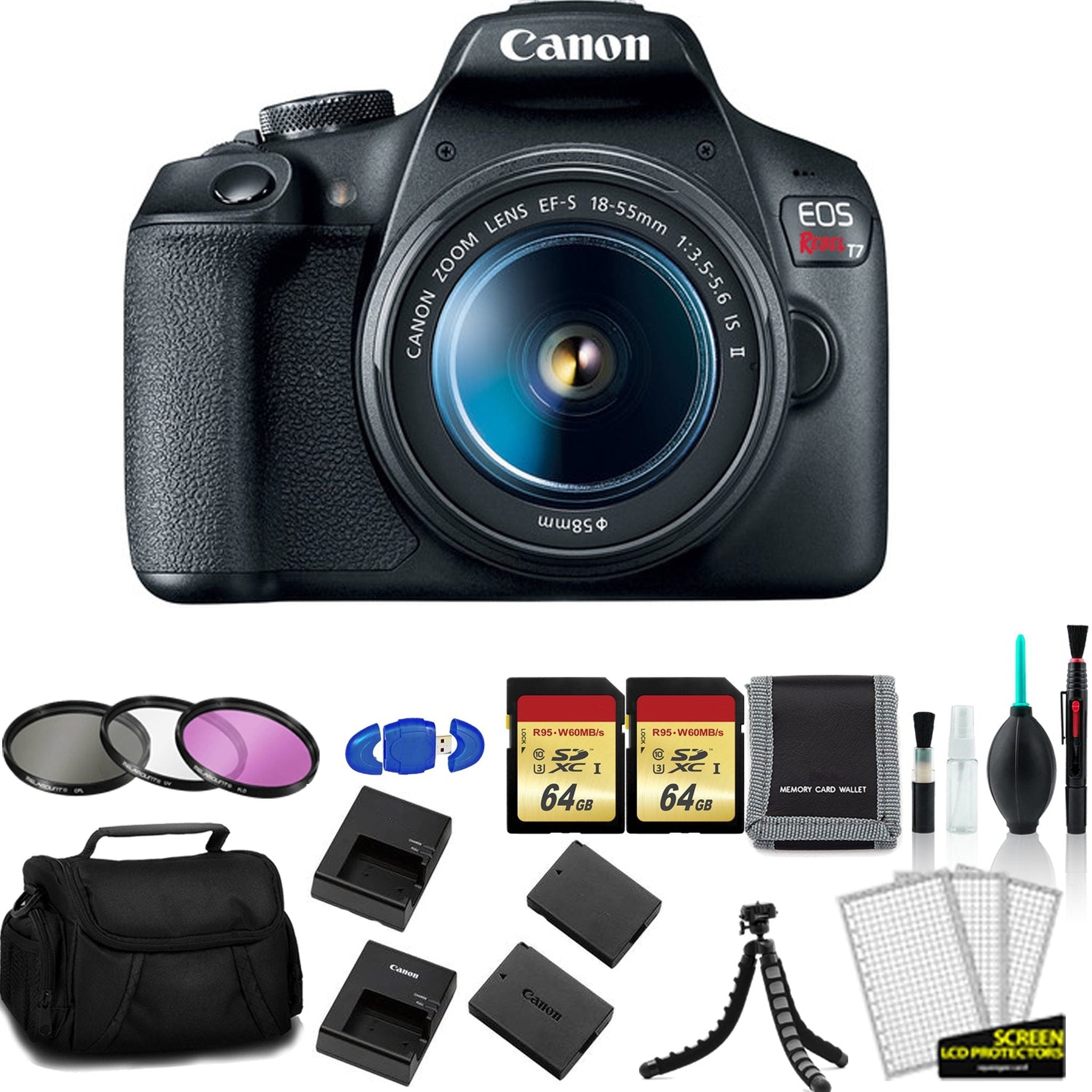 Canon EOS Rebel T7 EF-S 18-55mm IS II Kit with 2x 64GB Memory Card + Extra Battery and Charger + More - International Model Canon