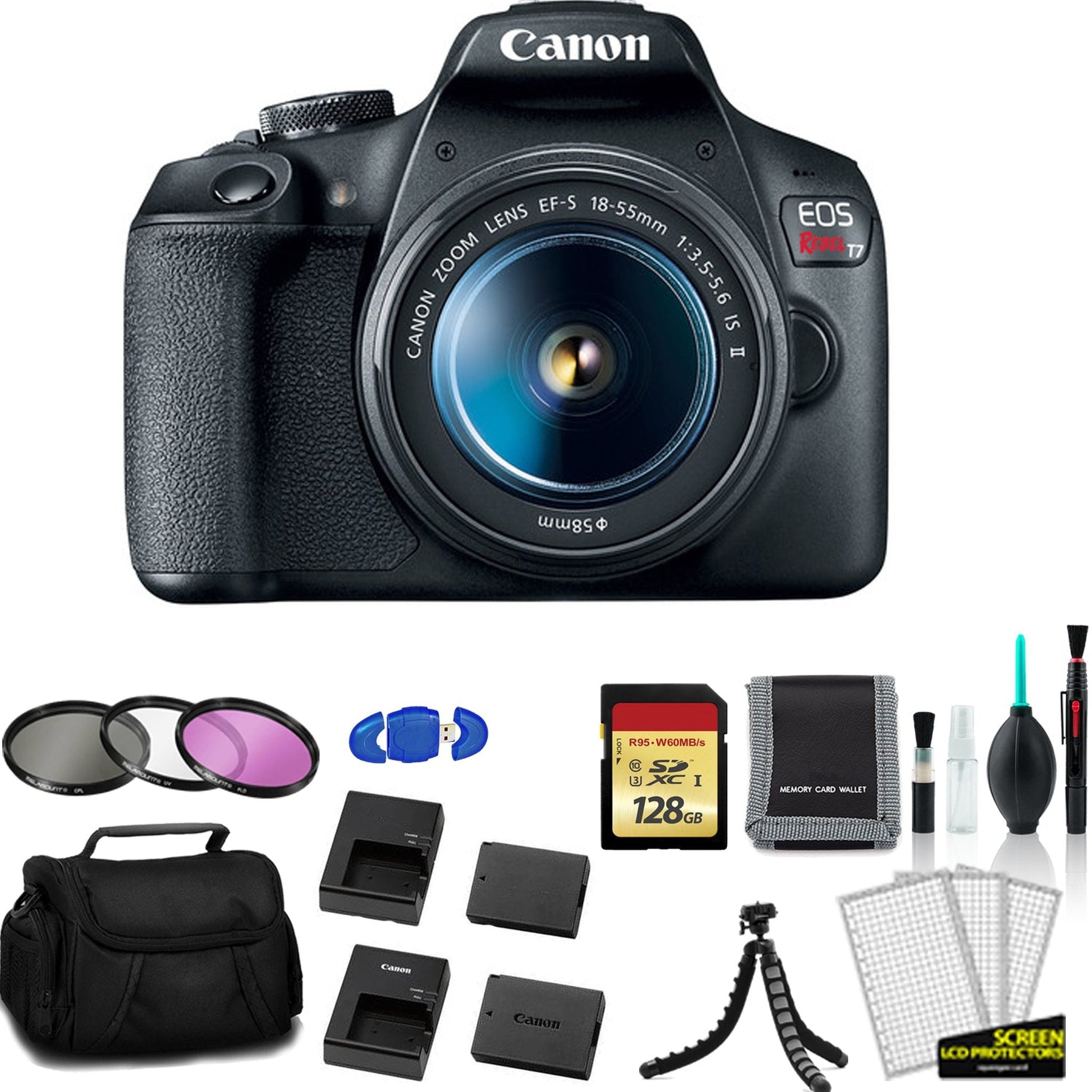 Canon EOS Rebel T7 EF-S 18-55mm IS II Kit with 128GB Memory Card + Extra Battery and Charger + More - International Model Canon