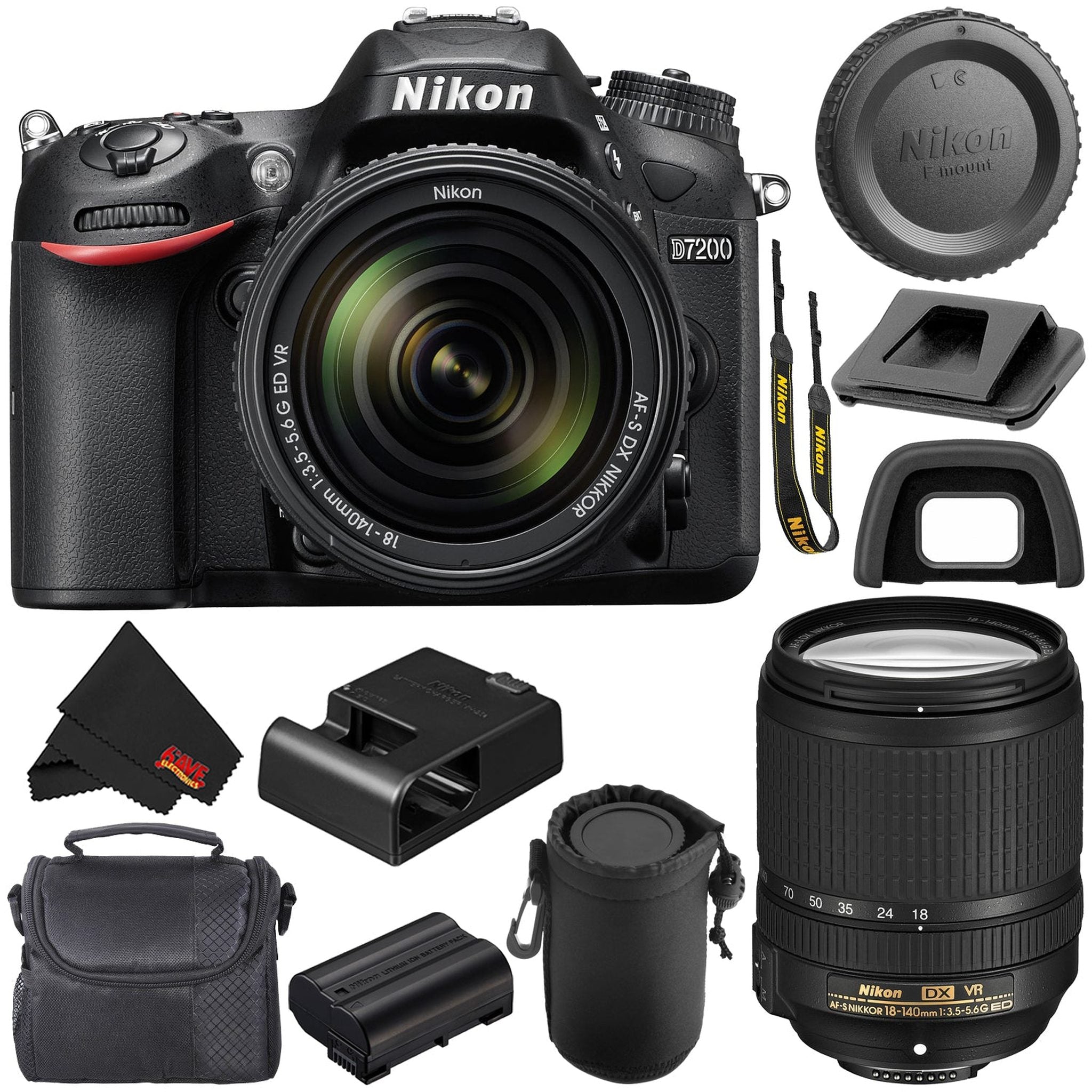 Nikon D7200 DSLR Camera with 18-140mm Lens 1555 International Model + MicroFiber Cloth + Deluxe Lens Pouch + Carrying Case Bundle Nikon