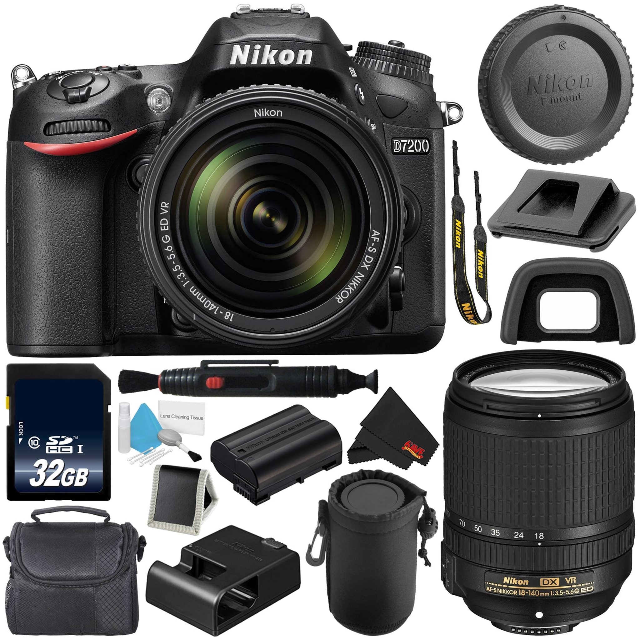 Nikon D7200 DSLR Camera with 18-140mm Lens 1555 International Model + 32GB SDHC Class 10 Memory Card + Deluxe Cleaning Kit + Memory Card Wallet + MicroFiber Cloth + Lens Pen Cleaner Bundle Nikon