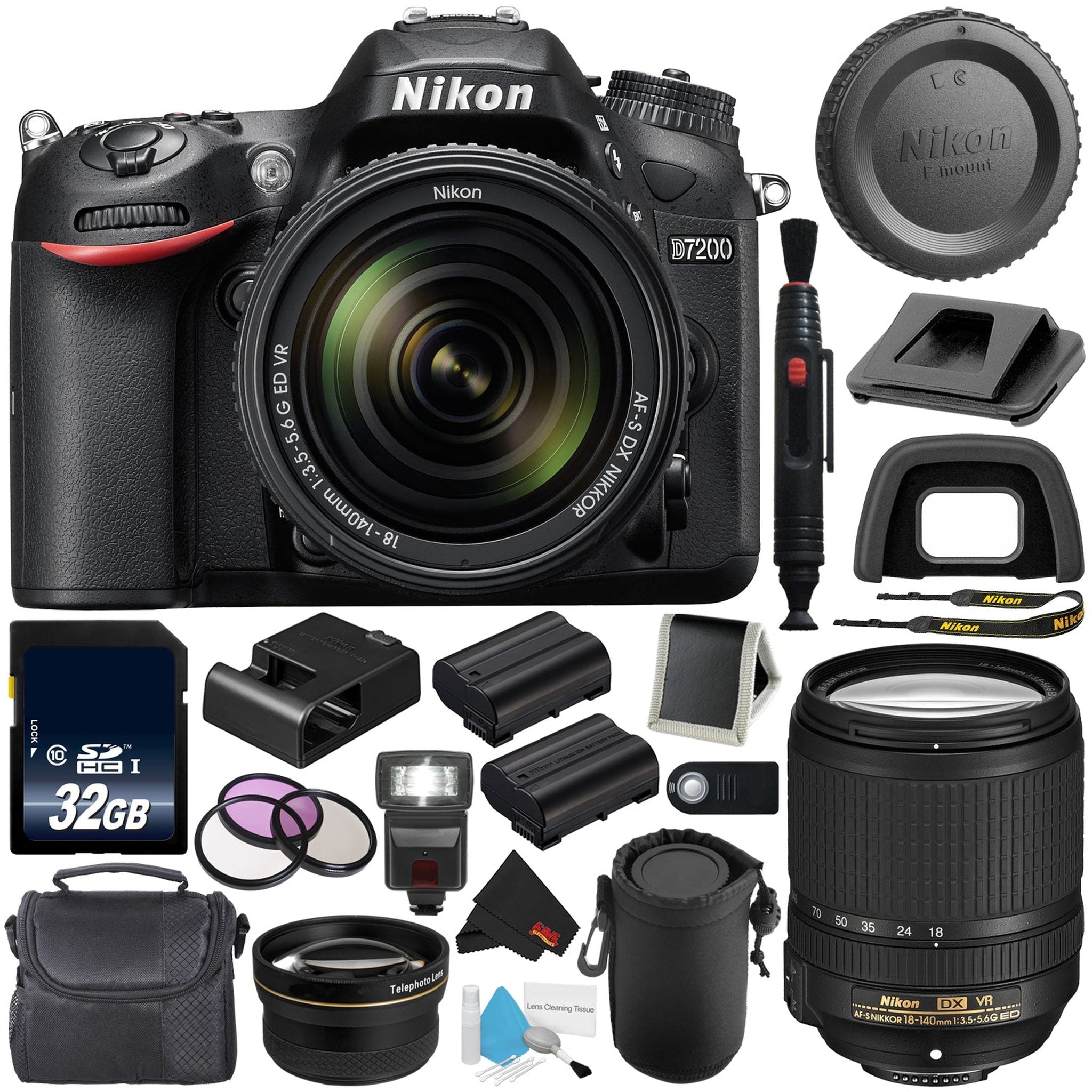 Nikon D7200 DSLR Camera with 18-140mm Lens 1555 International Model + EN-EL15 Replacement Li-on Battery + 32GB SDHC Class 10 Memory Card + Universal Wireless Remote Shutter Release Bundle Nikon