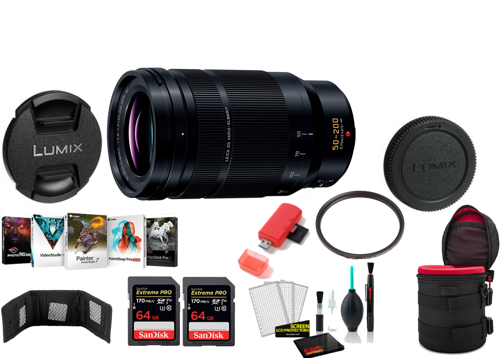 Panasonic Leica DG Vario-Elmarit 50-200mm f/2.8-4 ASPH. POWER O.I.S. Lens with 2x 64 Memory Cards and More International Model Panasonic