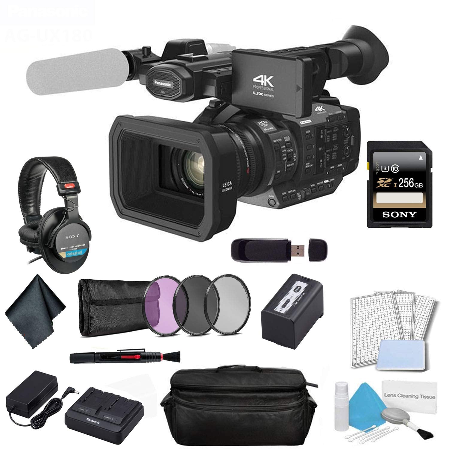 Panasonic AG-UX180 4K Premium Professional Camcorder Bundle with Sony MDR-7506 Headphones + Sony 256GB SDXC Memory Card Panasonic