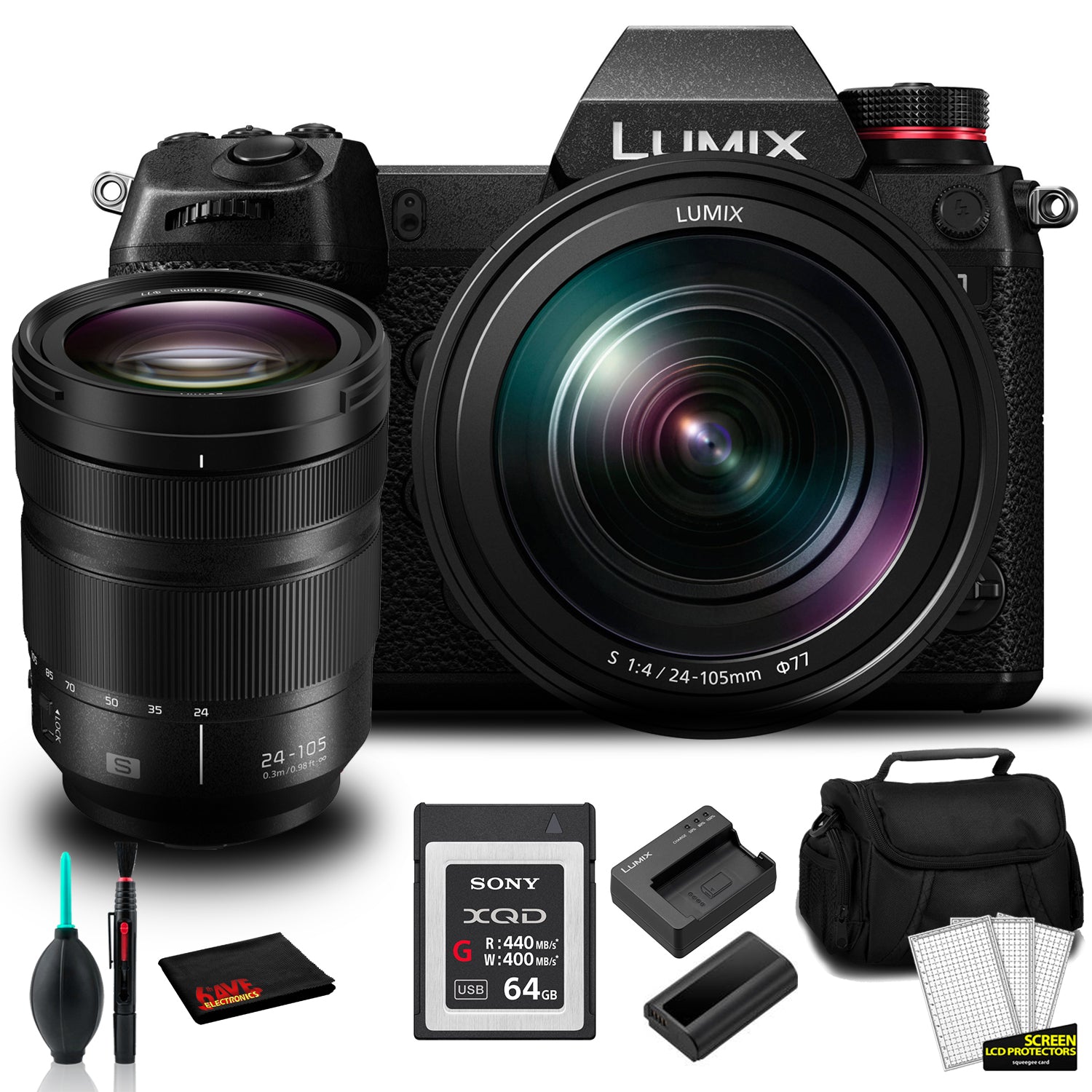 Panasonic Lumix DC-S1 Full-Frame Mirrorless Digital Camera with 24-105mm Lens -Bundle with 64GB Memory Card + MORE Panasonic