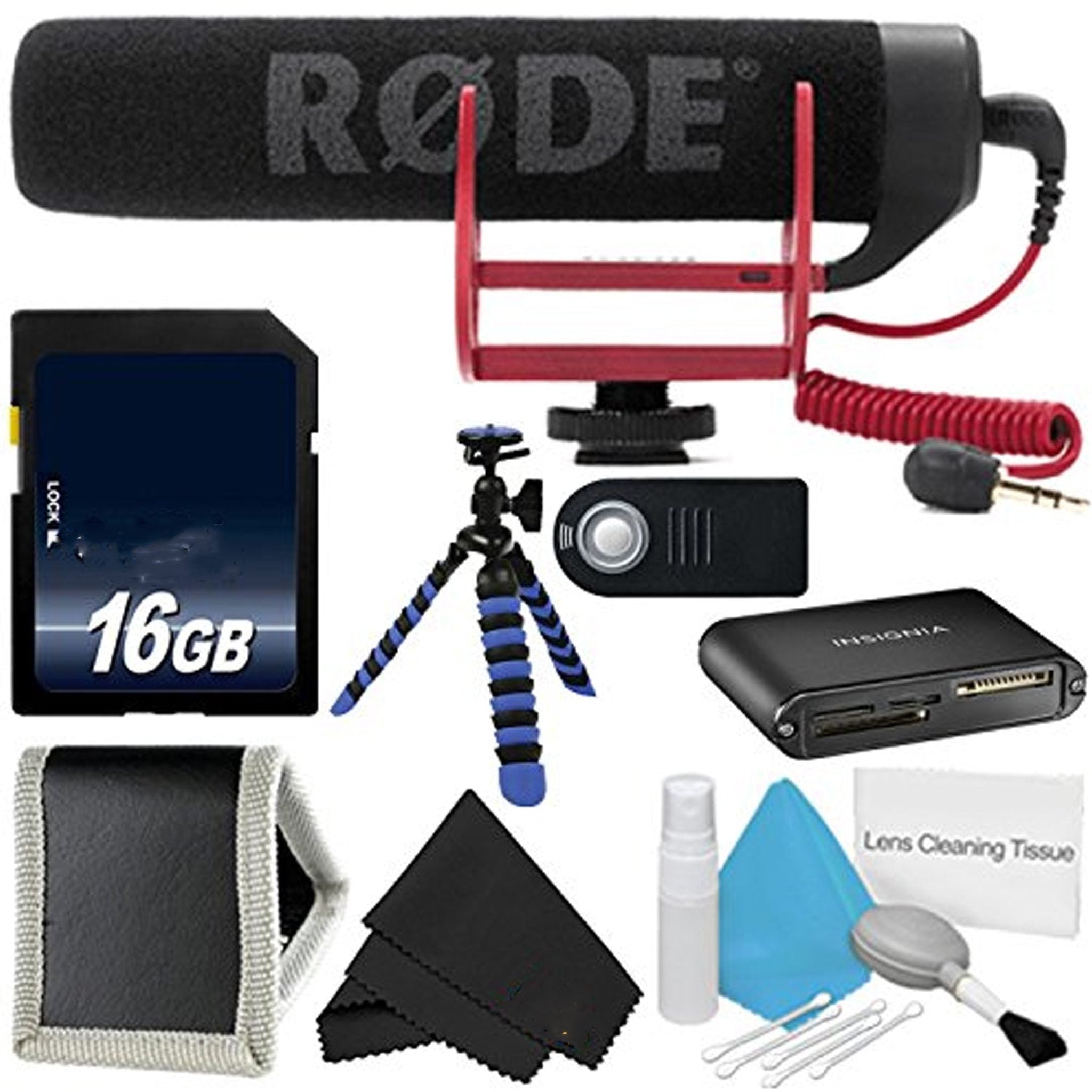 Rode VideoMic GO VIDEOMIC-GO + 16GB Memory Card + Flexible Tripod with Gripping Rubber Legs + Deluxe Cleaning Kit + Microfiber Cloth- Bundle Rode