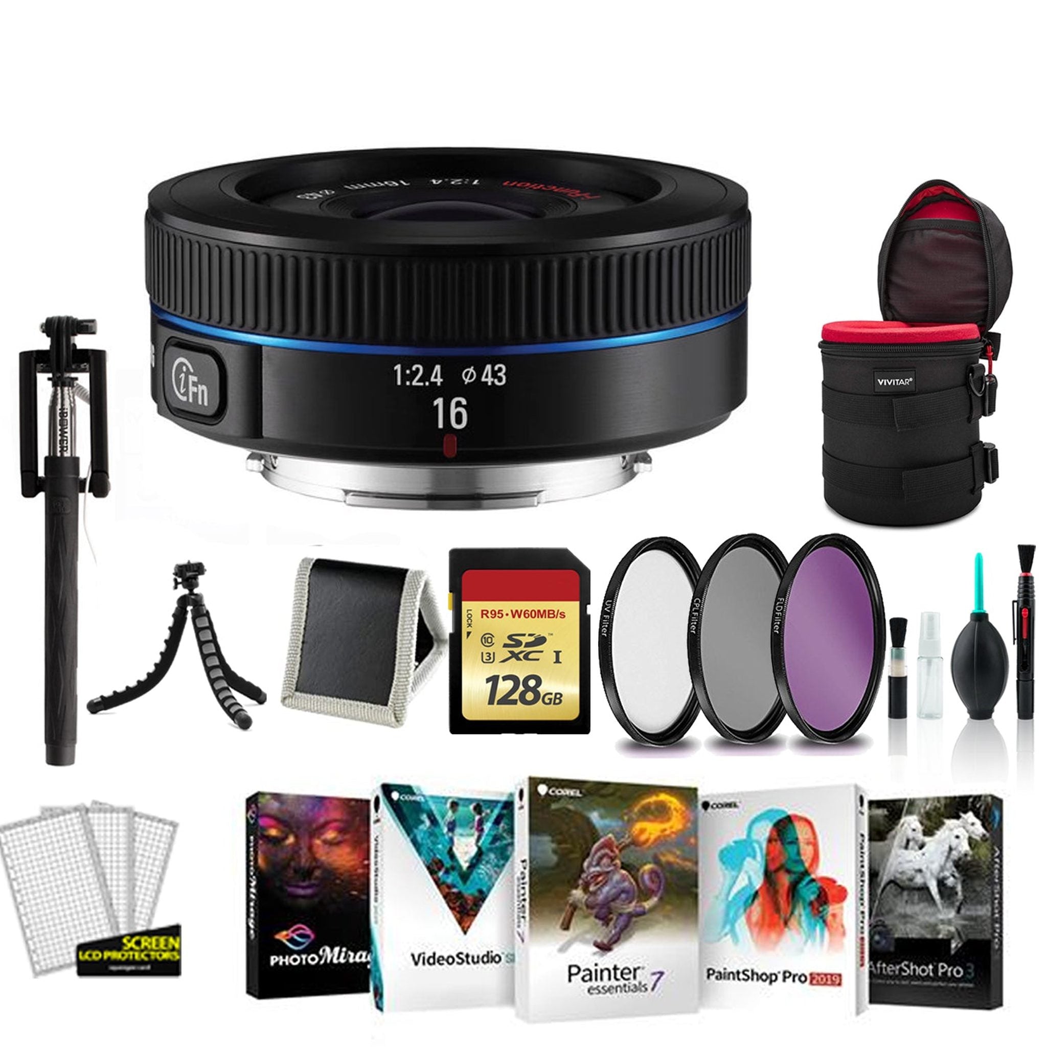 Samsung 16mm F/2.4 Wide Lens for Samsung NX Camera - Kit with 128GB Memory Card Samsung