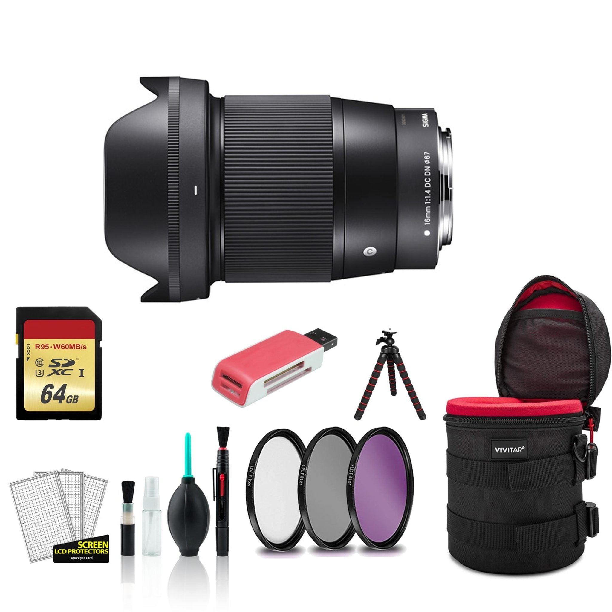 Sigma 16mm Contemporary Lens f/1.4 DC DN for Micro Four Thirds 402963 with Filter Kit + 64GB Memory Card Bundle Sigma