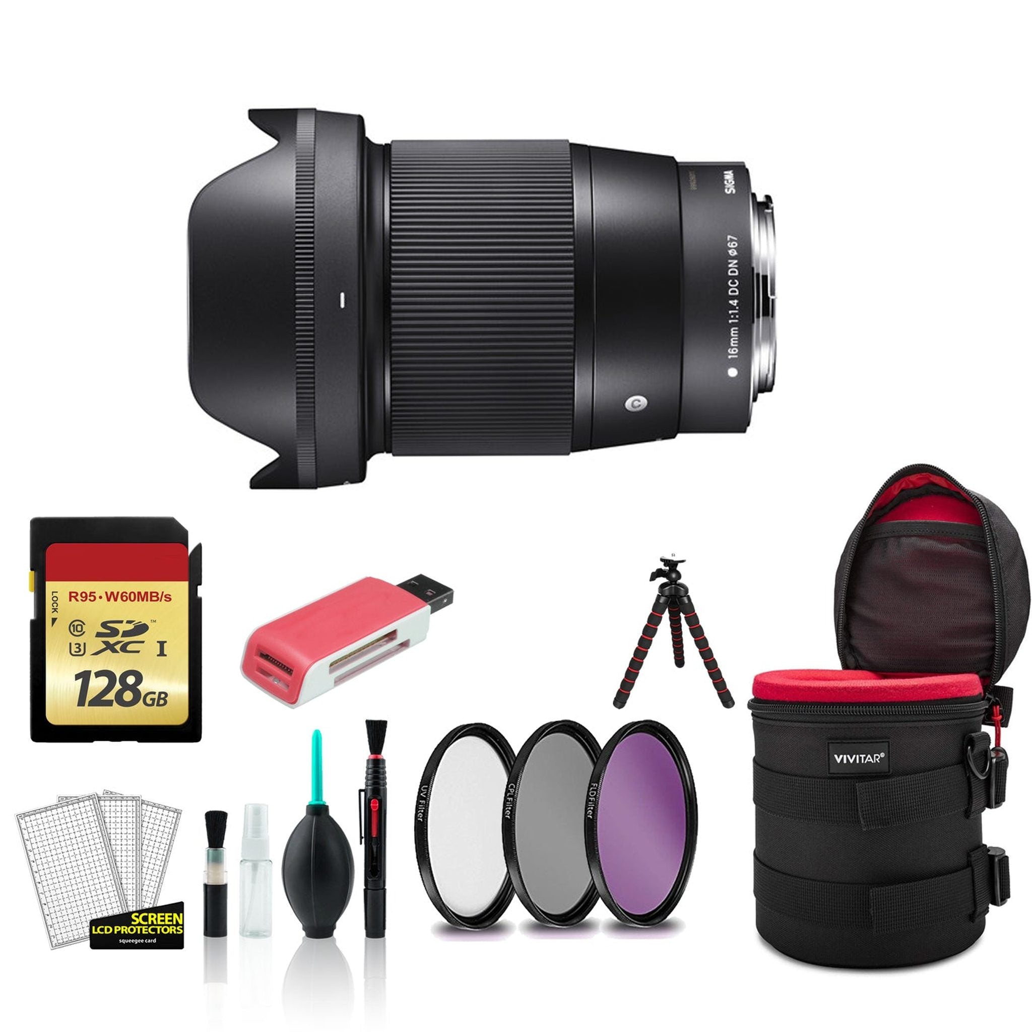 Sigma 16mm Contemporary Lens f/1.4 DC DN for Micro Four Thirds 402963 with 128GB Memory Card + Padded Case Bundle Sigma