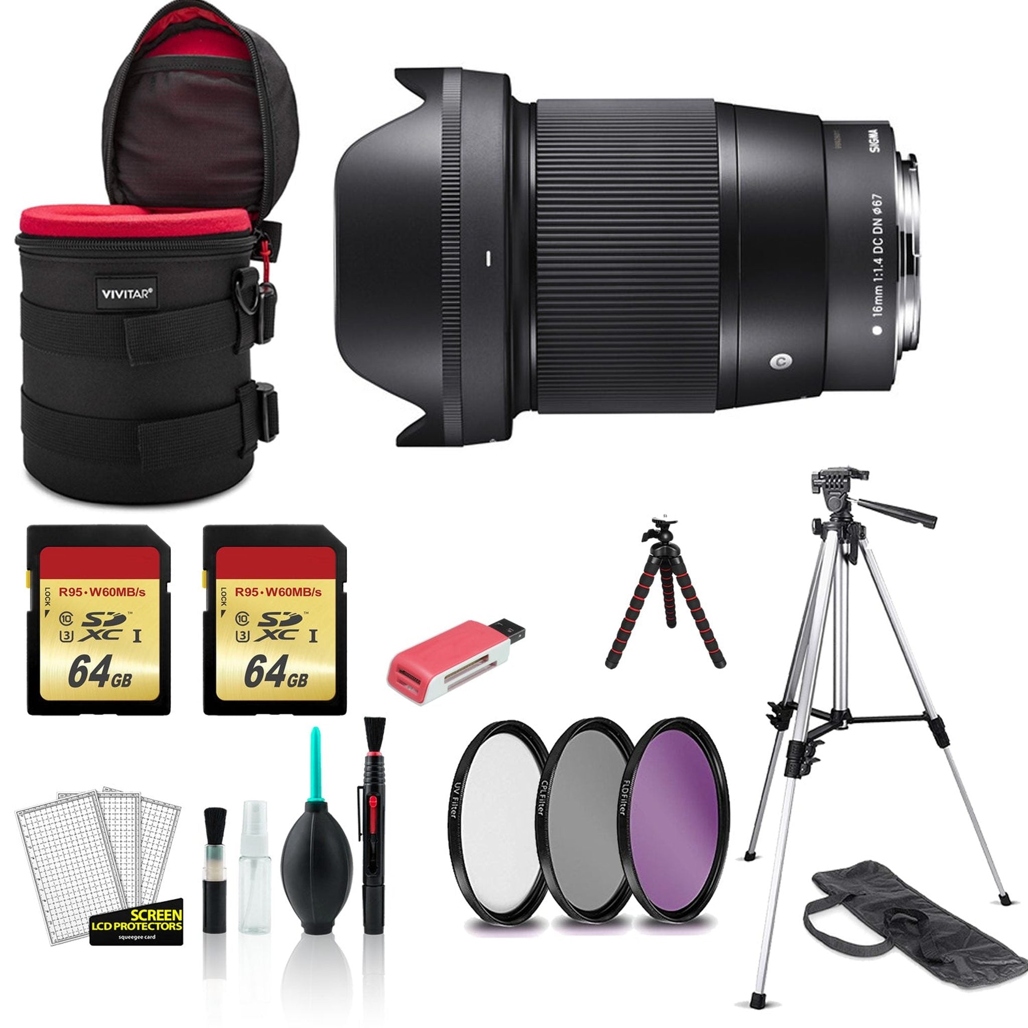 Sigma 16mm Contemporary Lens f/1.4 DC DN for Sony E 402965 with 2x 64GB Memory Card + Tripod Bundle Sigma