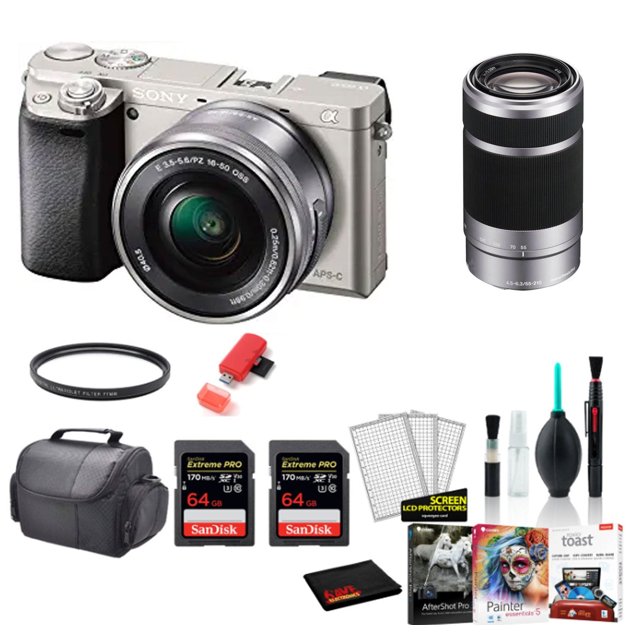 Sony Alpha a6000 Mirrorless Digital Camera with 16-50mm + 55-210mm Lenses SILVER with 2x 64GB Memory Card -International Model Bundle Sony