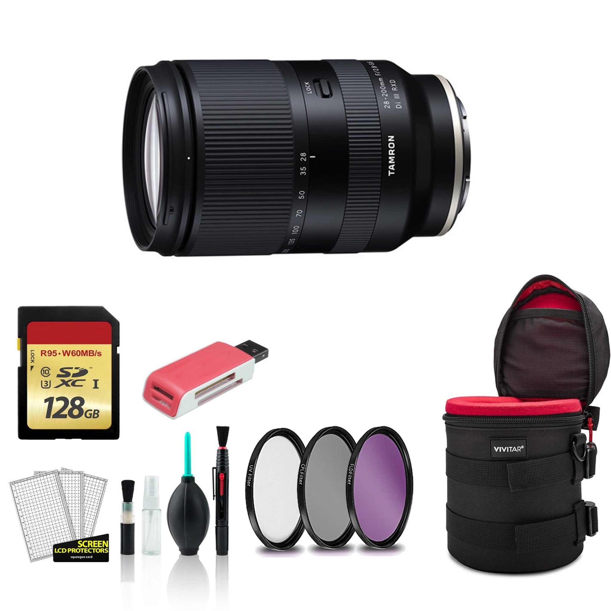 Tamron 28-200mm for Sony E f/2.8-5.6 Di III RXD Lens with 128GB Memory Card + Padded Case International Model Bundle Tamron