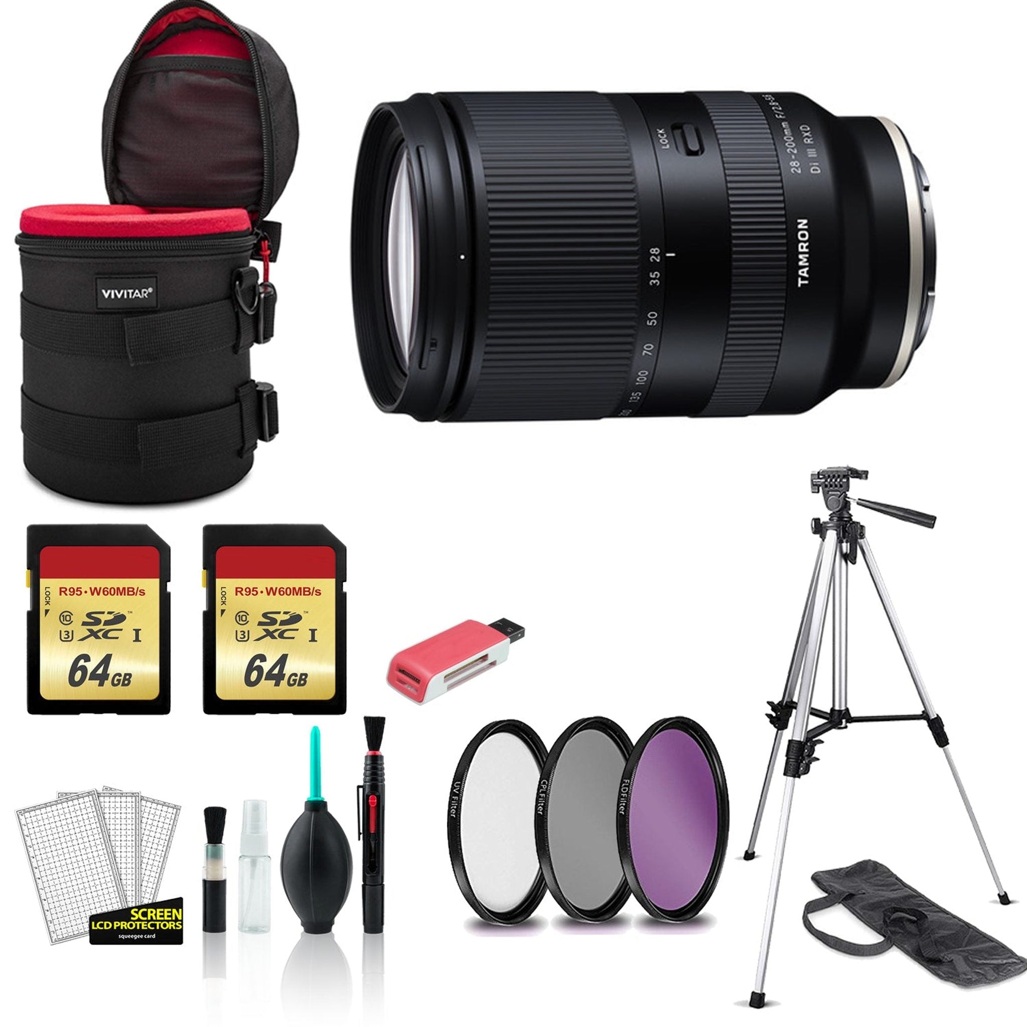 Tamron 28-200mm for Sony E f/2.8-5.6 Di III RXD Lens with 2x 64GB Memory Card + Tripod International Model Bundle Tamron