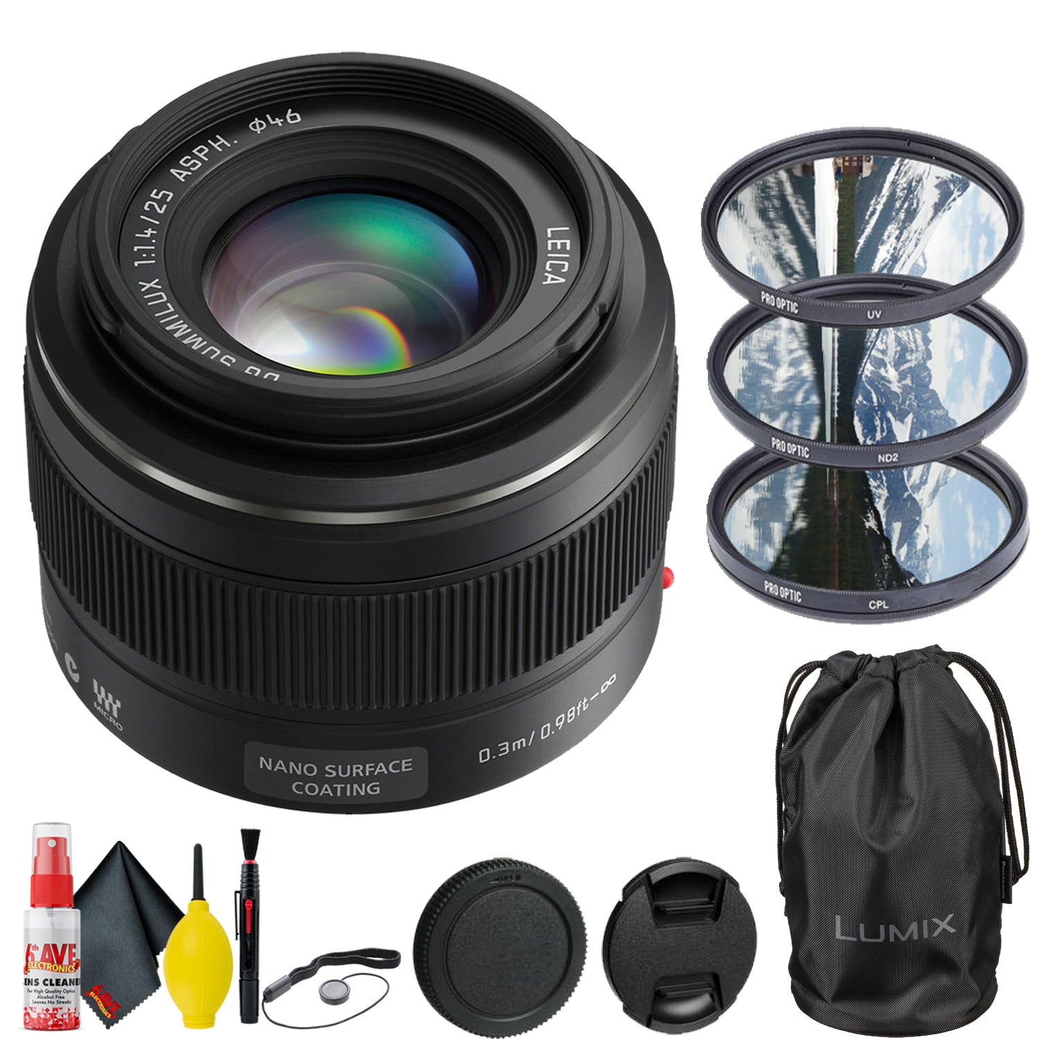 Panasonic Leica DG Summilux 25mm f/1.4 ASPH Lens + 6Ave Lens Kit Bundle PANASONIC