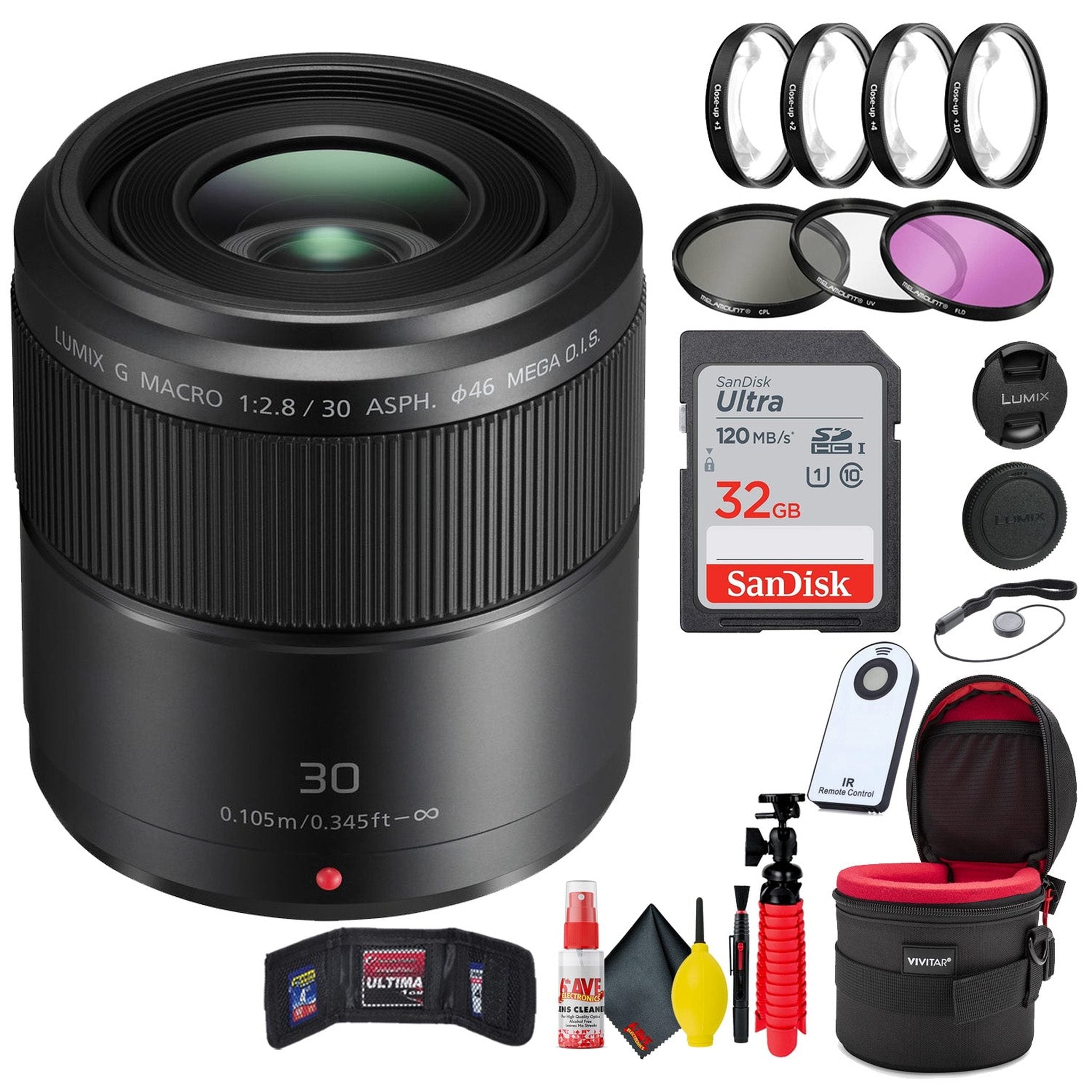 Panasonic Lumix G Macro 30mm f/2.8 ASPH Mega O.I.S Lens + Accessories Base bundle Panasonic