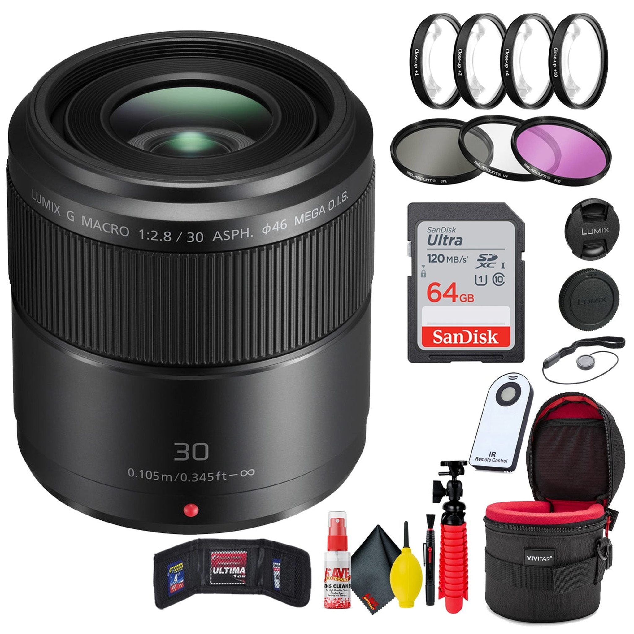 Panasonic Lumix G Macro 30mm f/2.8 ASPH Mega O.I.S Lens + Accessories Starter Bundle Panasonic