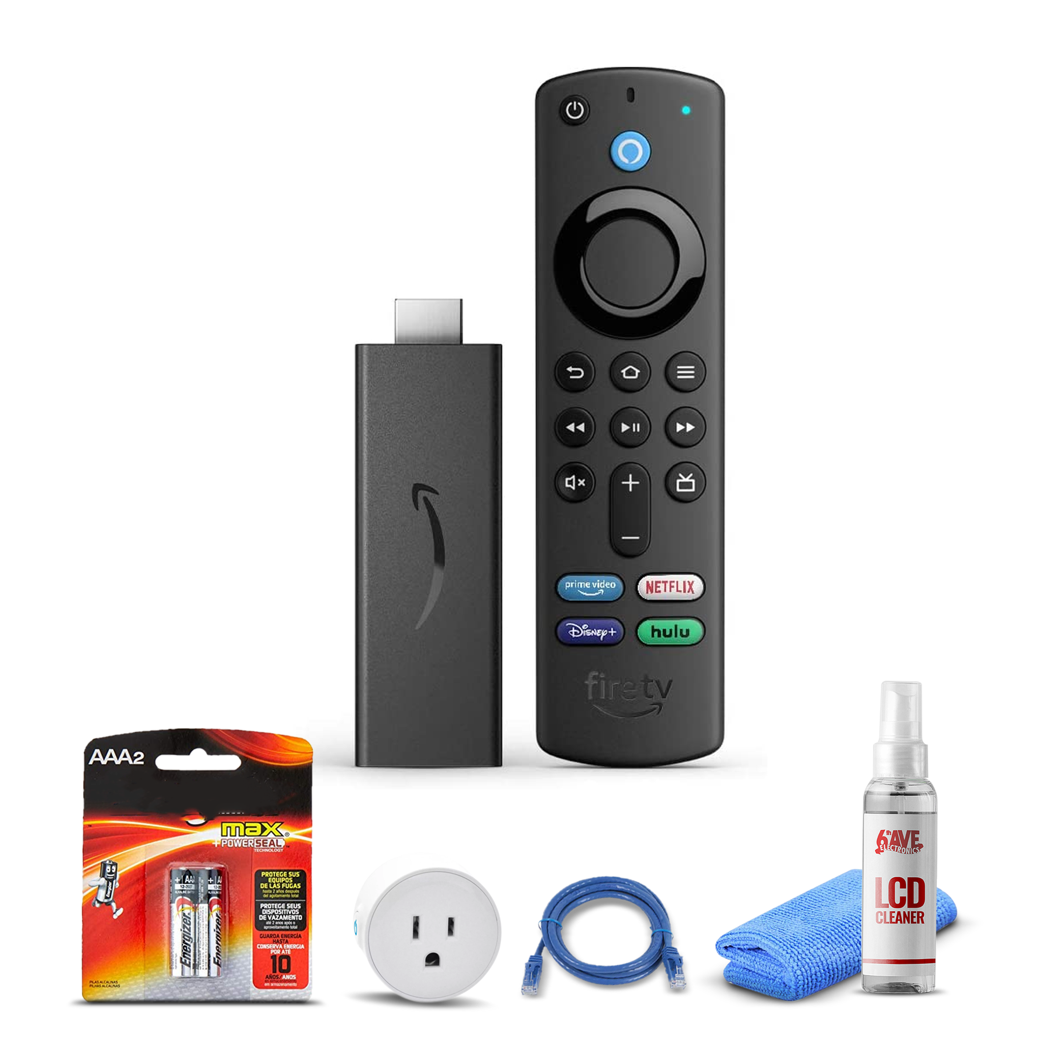 Amazon Fire TV Stick (2021) + Smart Plug + Cat5 Cable + Batteries Bundle